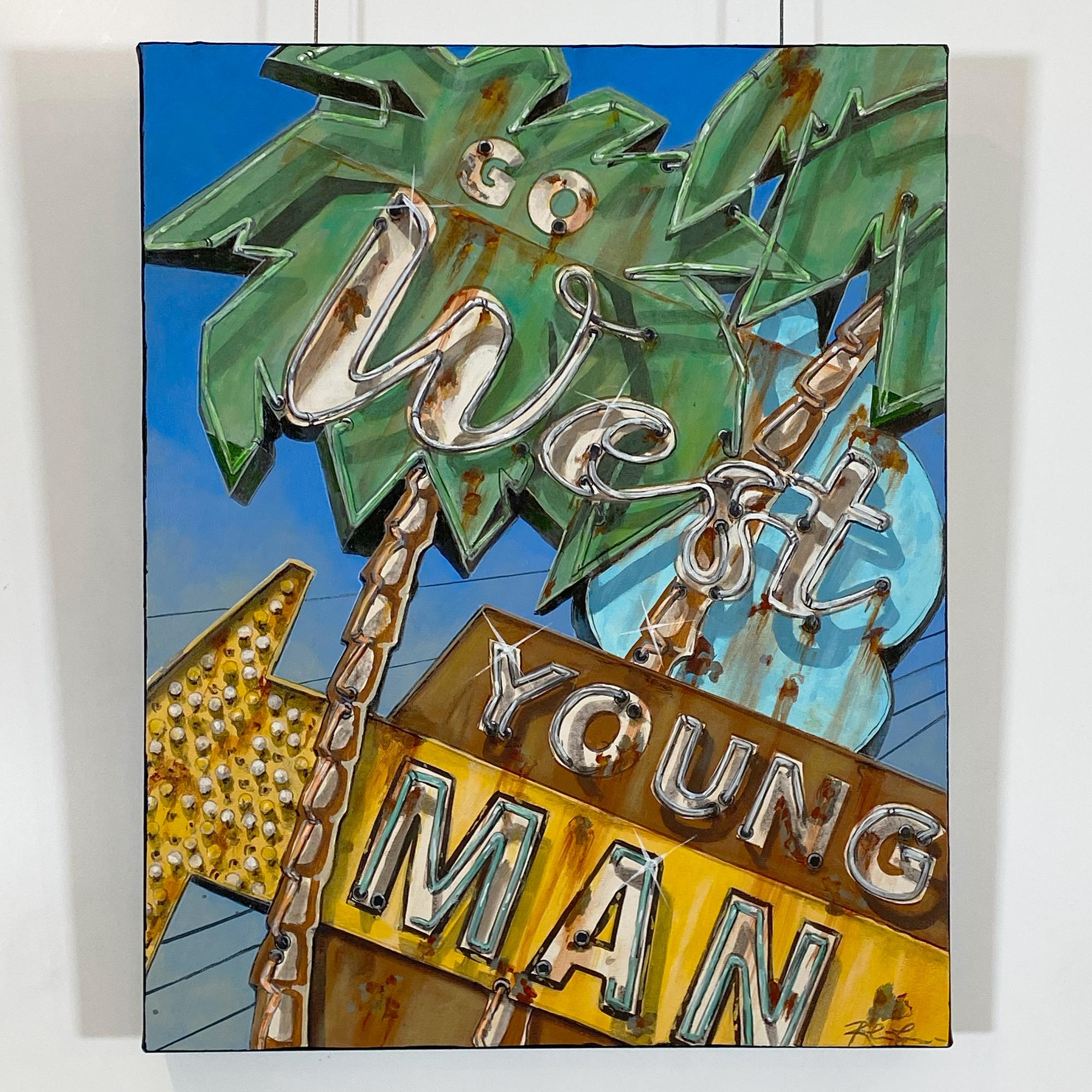 Go West (Young Man), peinture inspirée d'une enseigne lumineuse de film avec des palmiers. - Painting de Rob Croxford