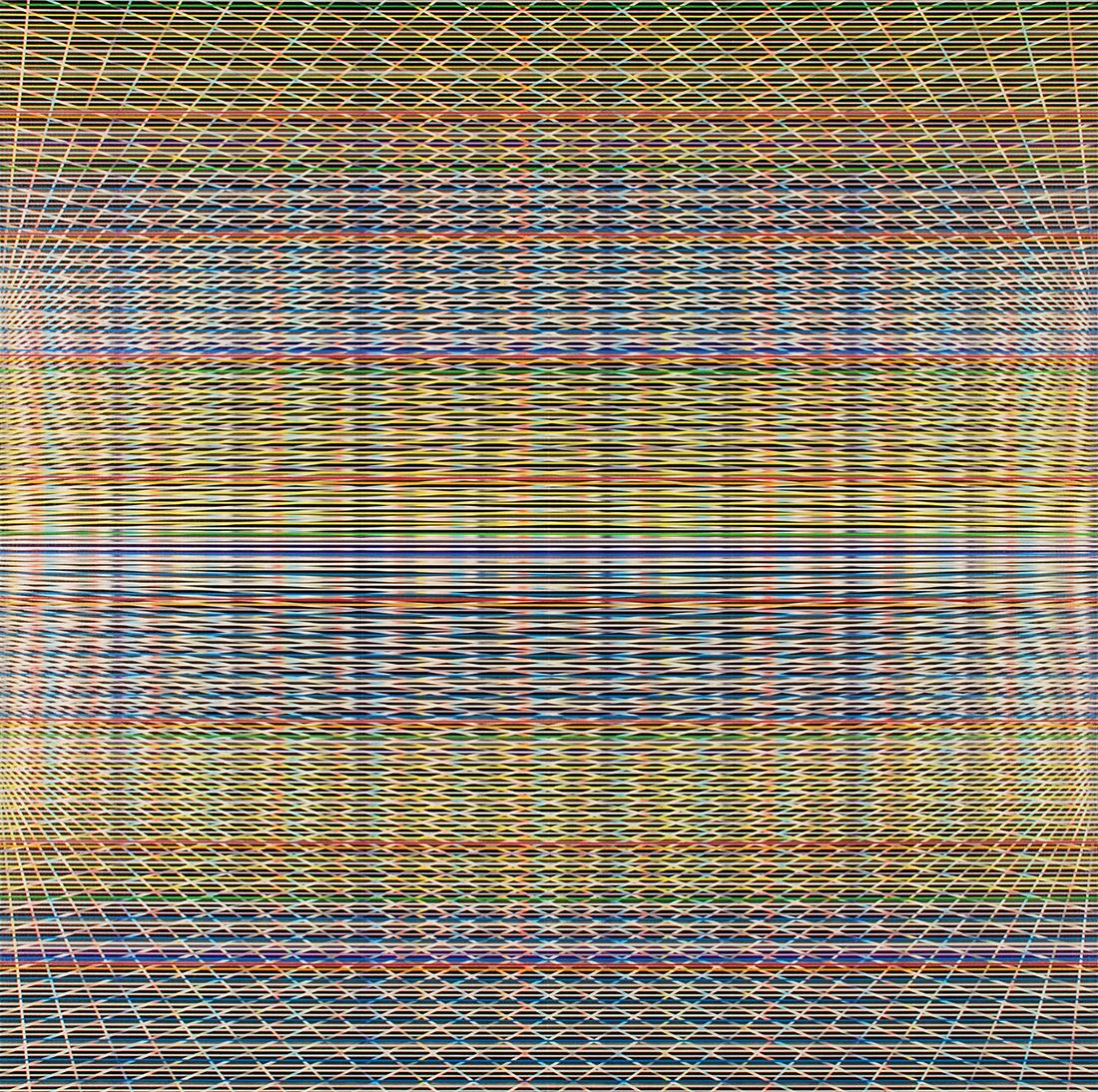 The works by Rob de Oude are composed of meticulously placed repeated lines, with the overlapping lines revealing geometric shapes and patterns. Repeatedly using a single unit, like a straight line, displays the infinite possibilities of a