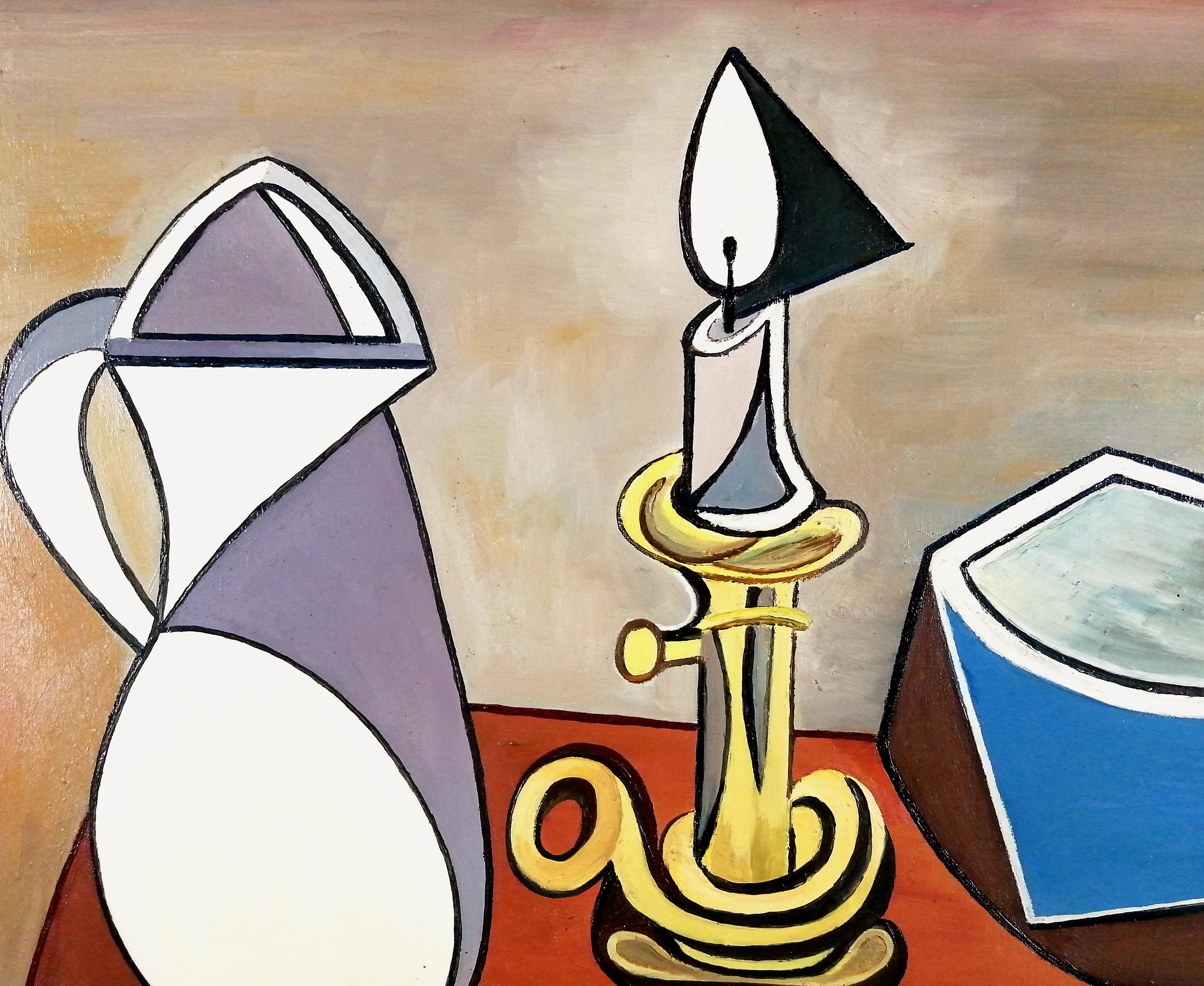 Superbe nature morte cubiste belge du milieu du 20e siècle représentant des objets sur un plateau de table, par Rob Debont. 

Oeuvre décorative d'excellente qualité et en très bon état, présentée dans son cadre doré d'origine avec l'étiquette de