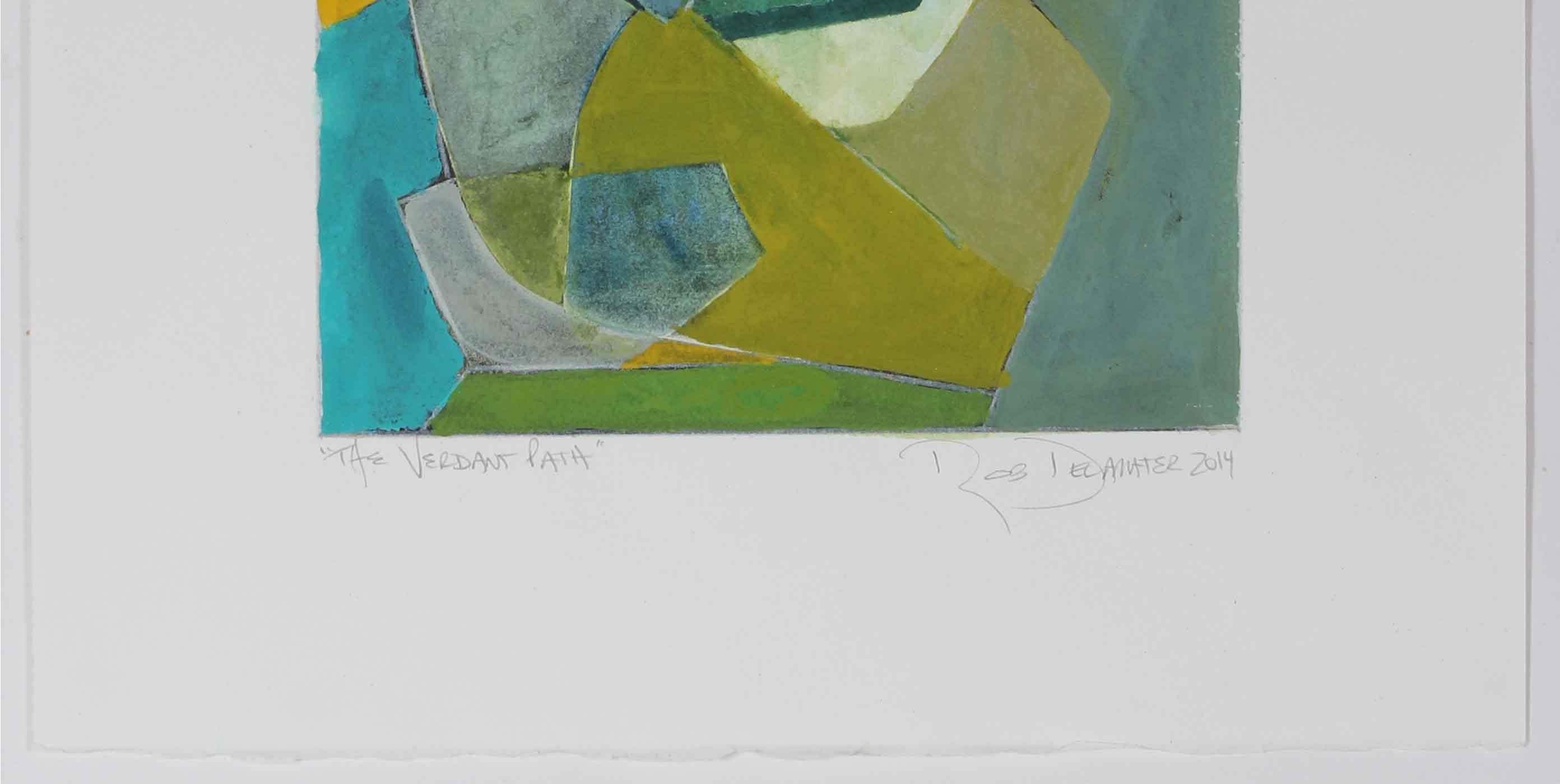 This 2014 gouache and ink on paper abstract with blue, yellow, and green entitled 