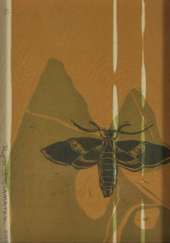 "Bee" Contemporary Linoleum Block Print on Paper with Green in Rustic Wood Frame