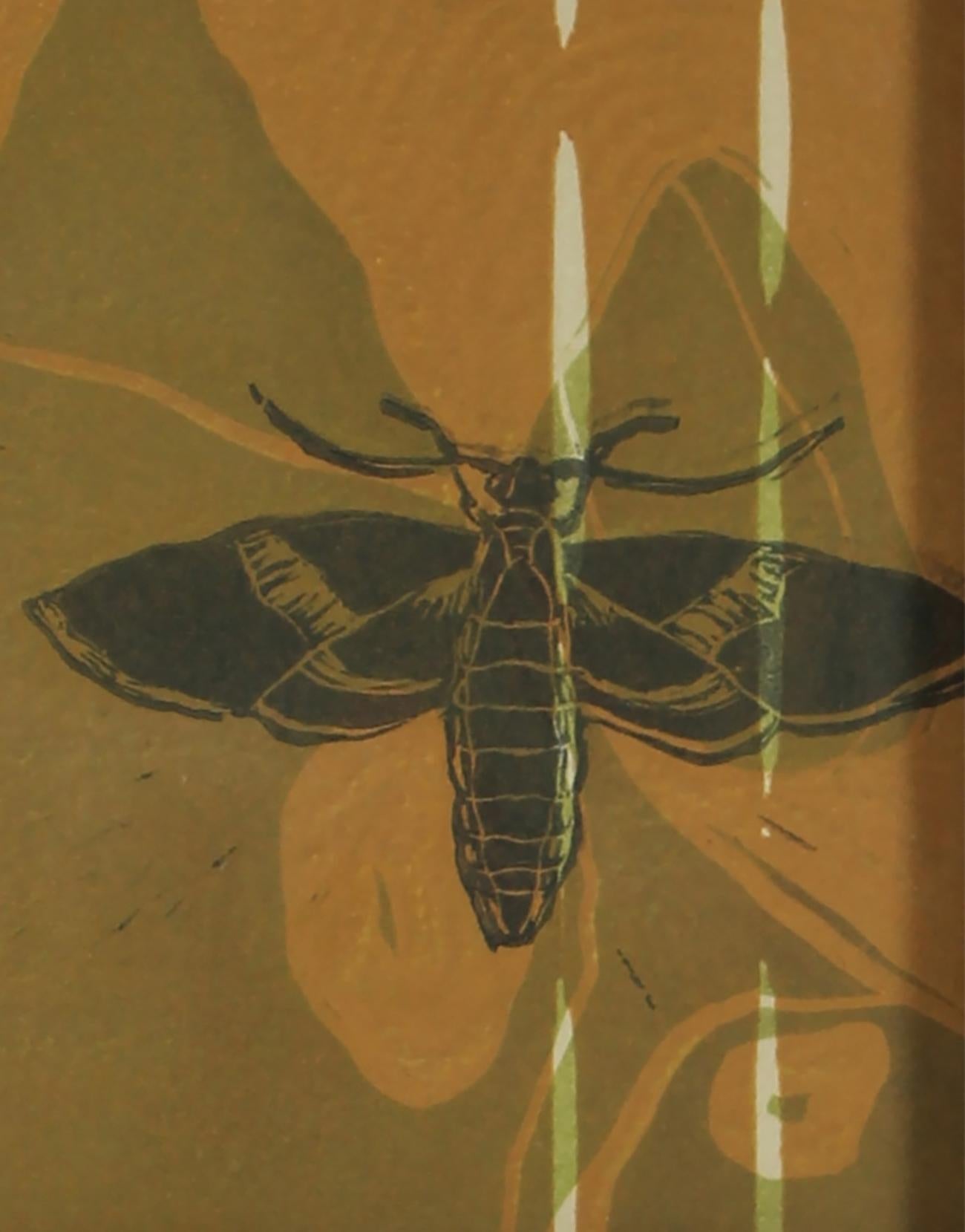 This 2008 linoleum block print on paper of a bee in brown and green in a rustic wood frame is by San Francisco artist and Lost Art Salon co-owner Rob Delamater (b.1966).  Delamater creates abstract compositions that evoke organic shapes and motifs
