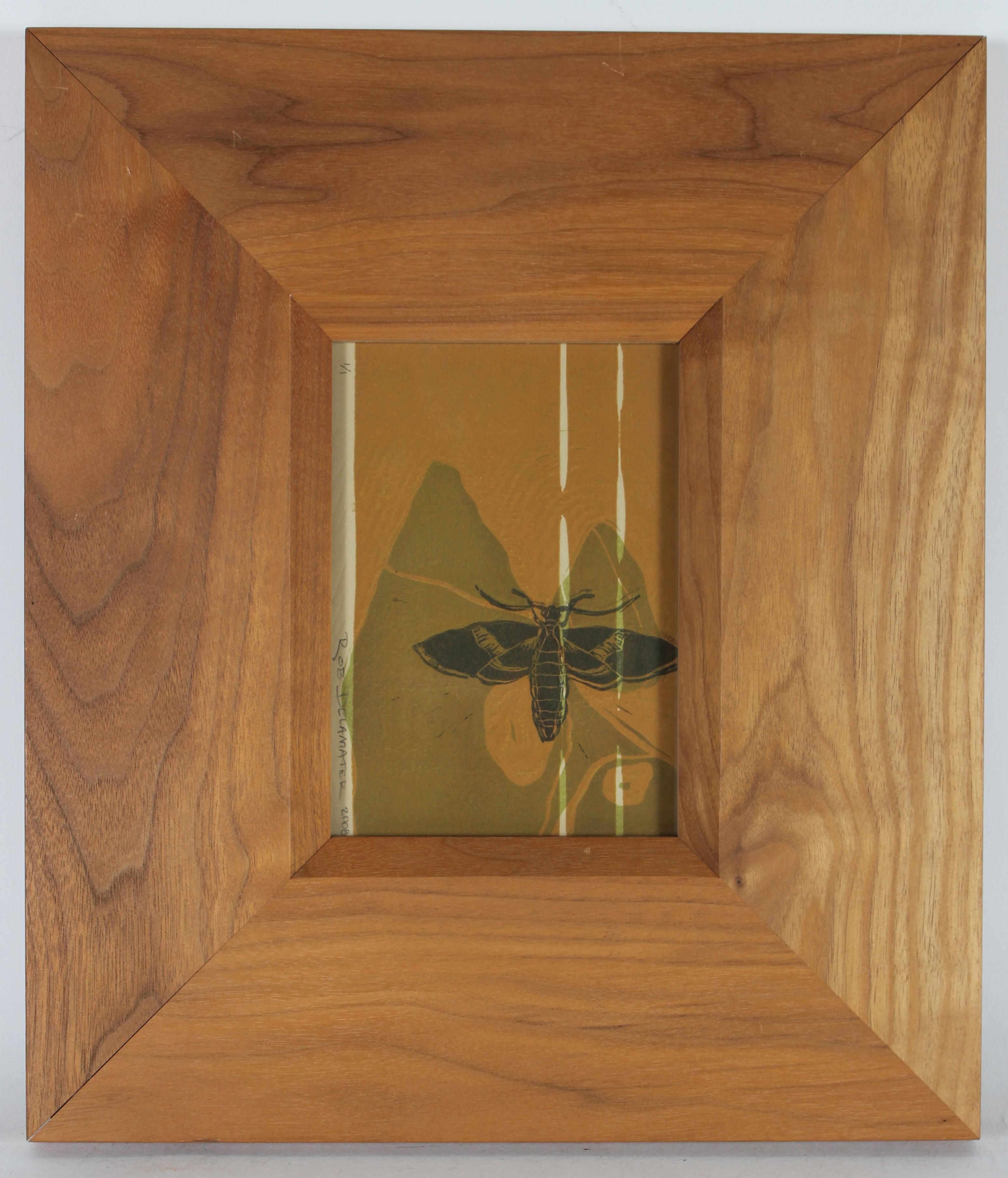 Rob Delamater Landscape Print - "Bee" Contemporary Linoleum Block Print on Paper with Green in Rustic Wood Frame