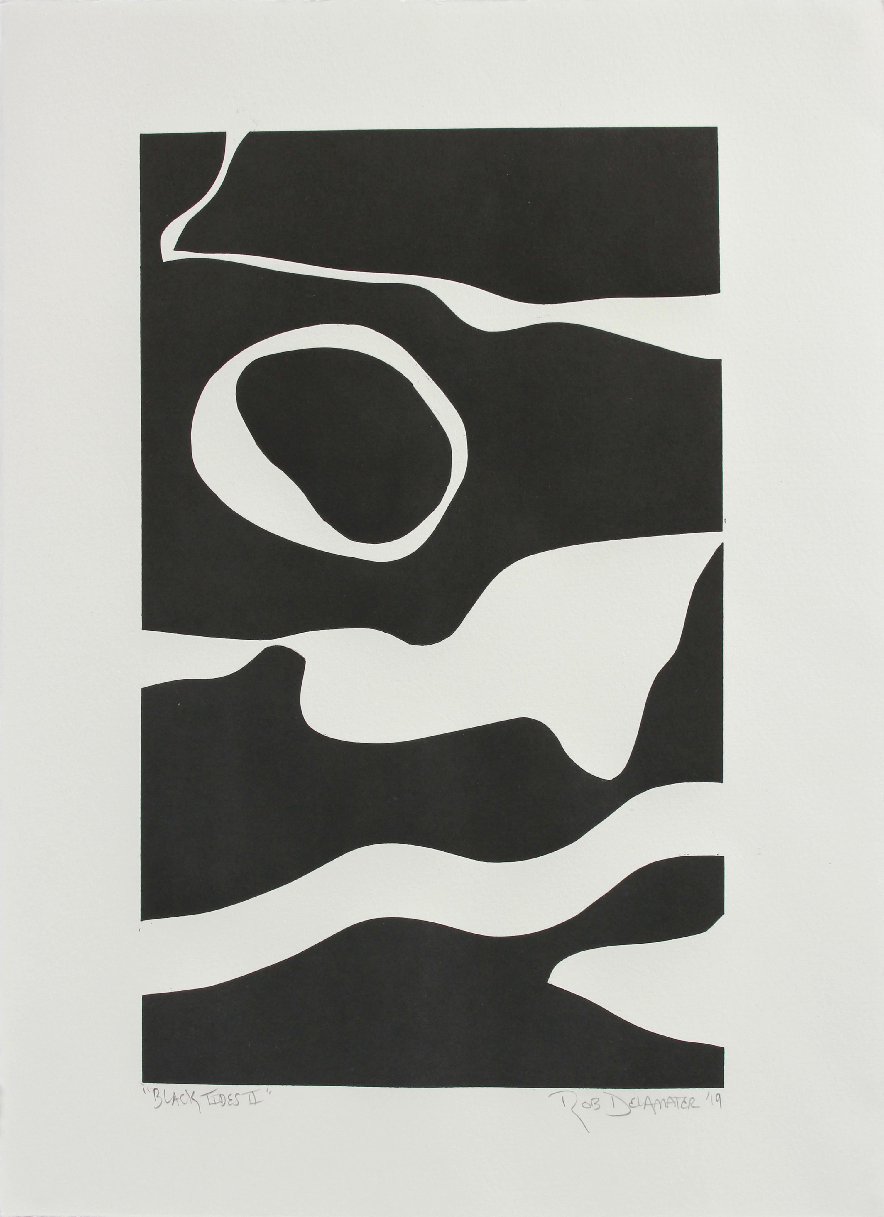 This 2019 monotype on paper diptych of abstracted tides in black and white entitled 