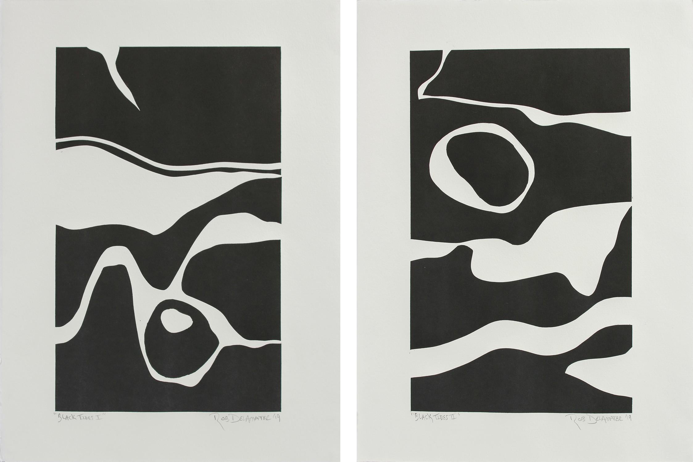 Rob Delamater Landscape Print - "Black Tides I" & "Black Tides II" Contemporary Monotypes on Paper Diptych
