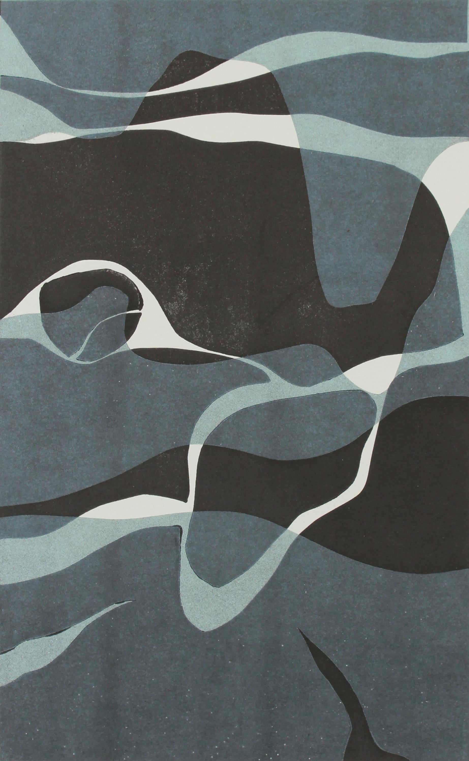 Rob Delamater Landscape Print - "Naiad I" Contemporary Abstract Monotype on Paper in Shades of Blue