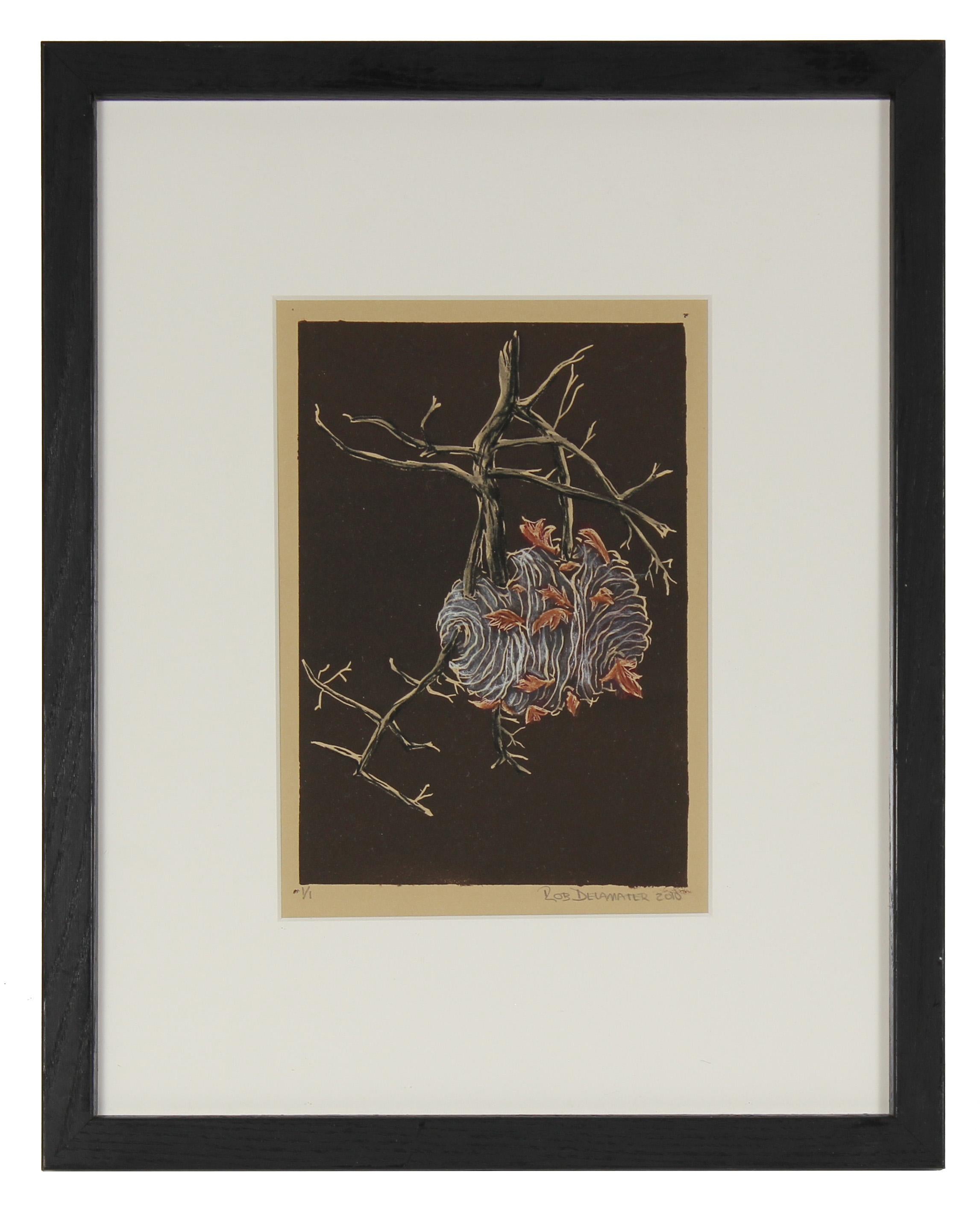 Rob Delamater Landscape Print - "Nest" Linoleum Block Print, 2010