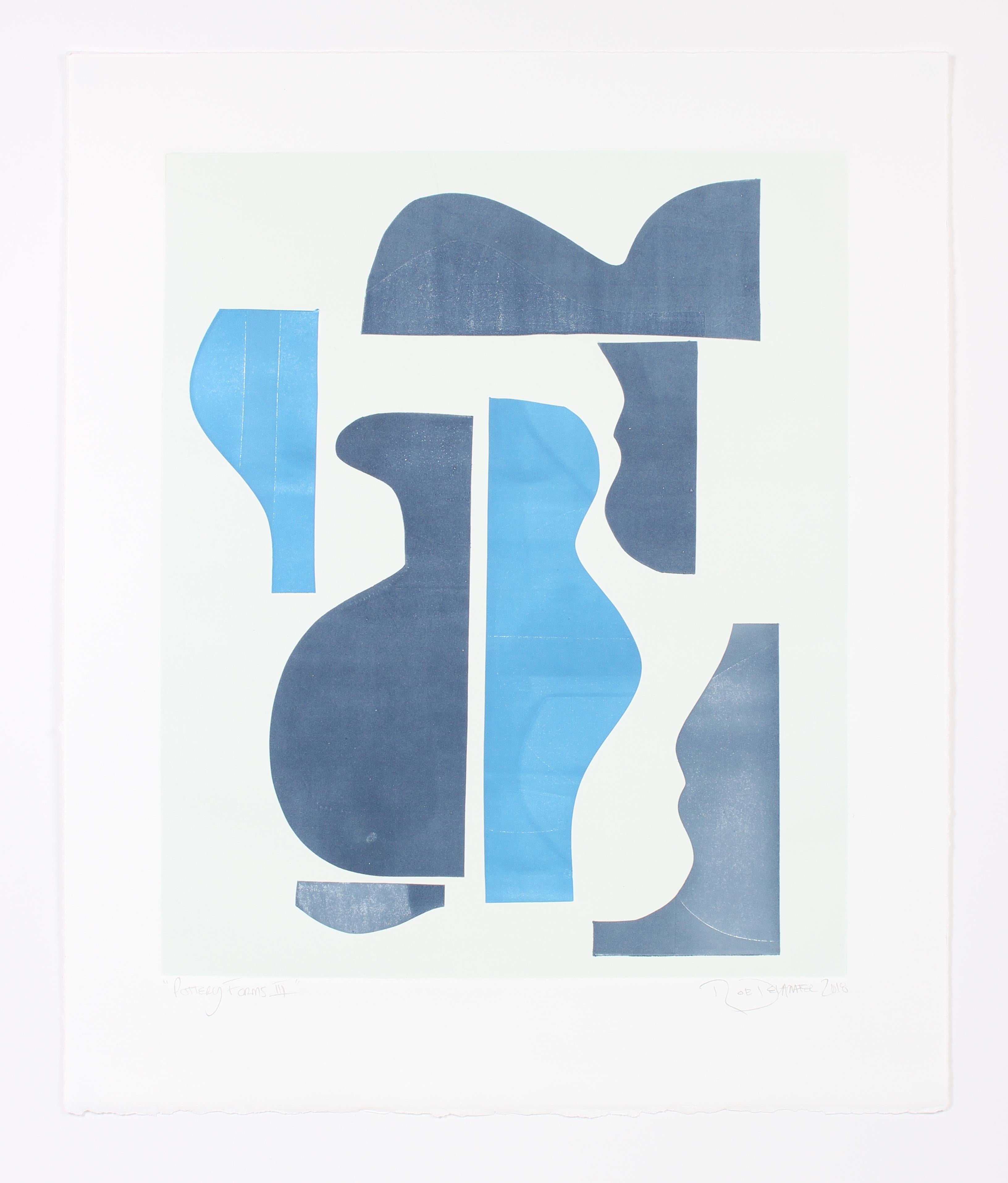 Rob Delamater Abstract Print - "Pottery Forms III" Abstract Monotype on Paper in Navy and Baby Blue, 2018
