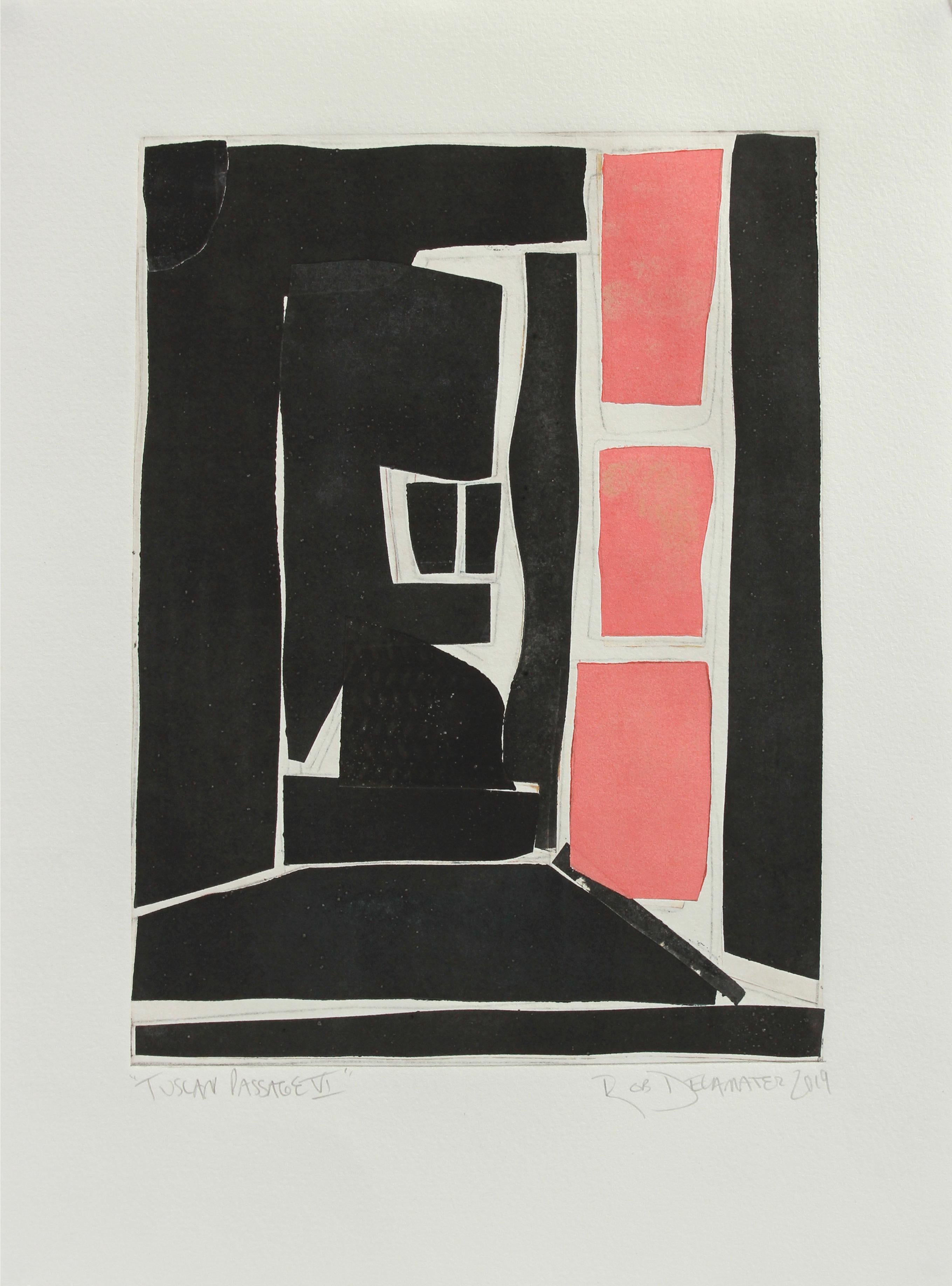 Rob Delamater Abstract Print - "Tuscan Passage VI" Contemporary Monotype on Paper Abstract in Red & Black 