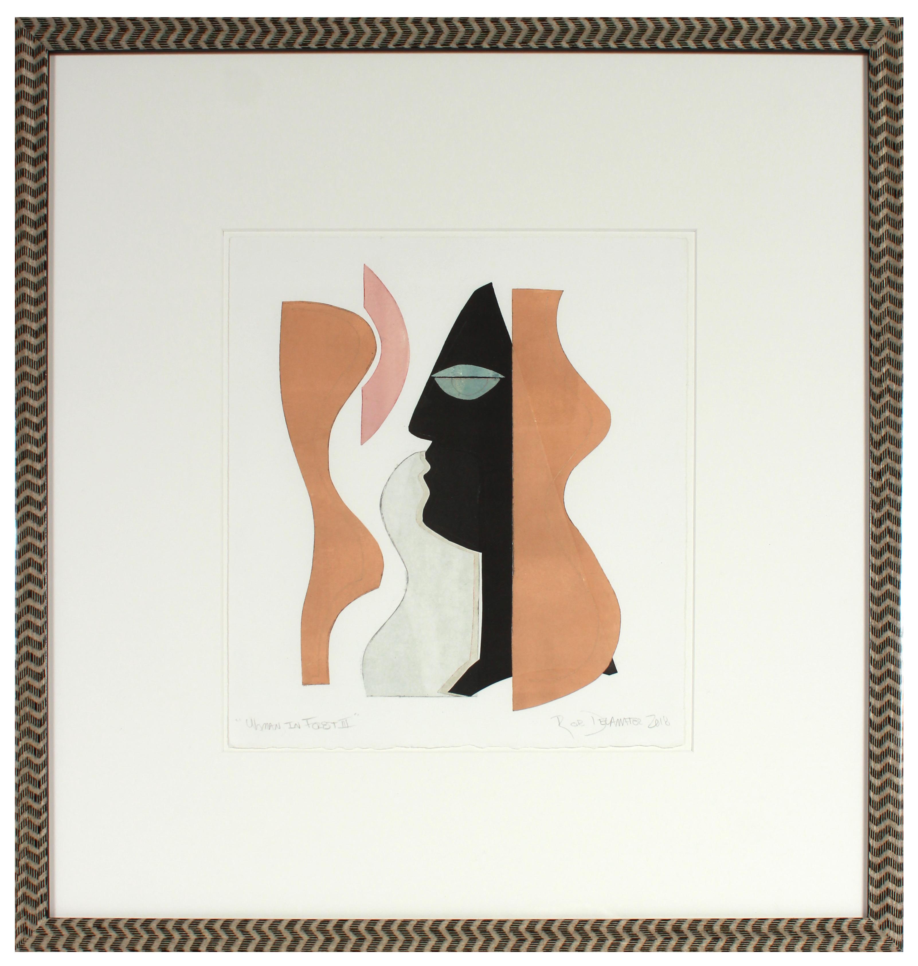Rob Delamater Abstract Print - "Woman in Forest III" 2018 Contemporary Monotype on Paper with Zig-Zag Frame