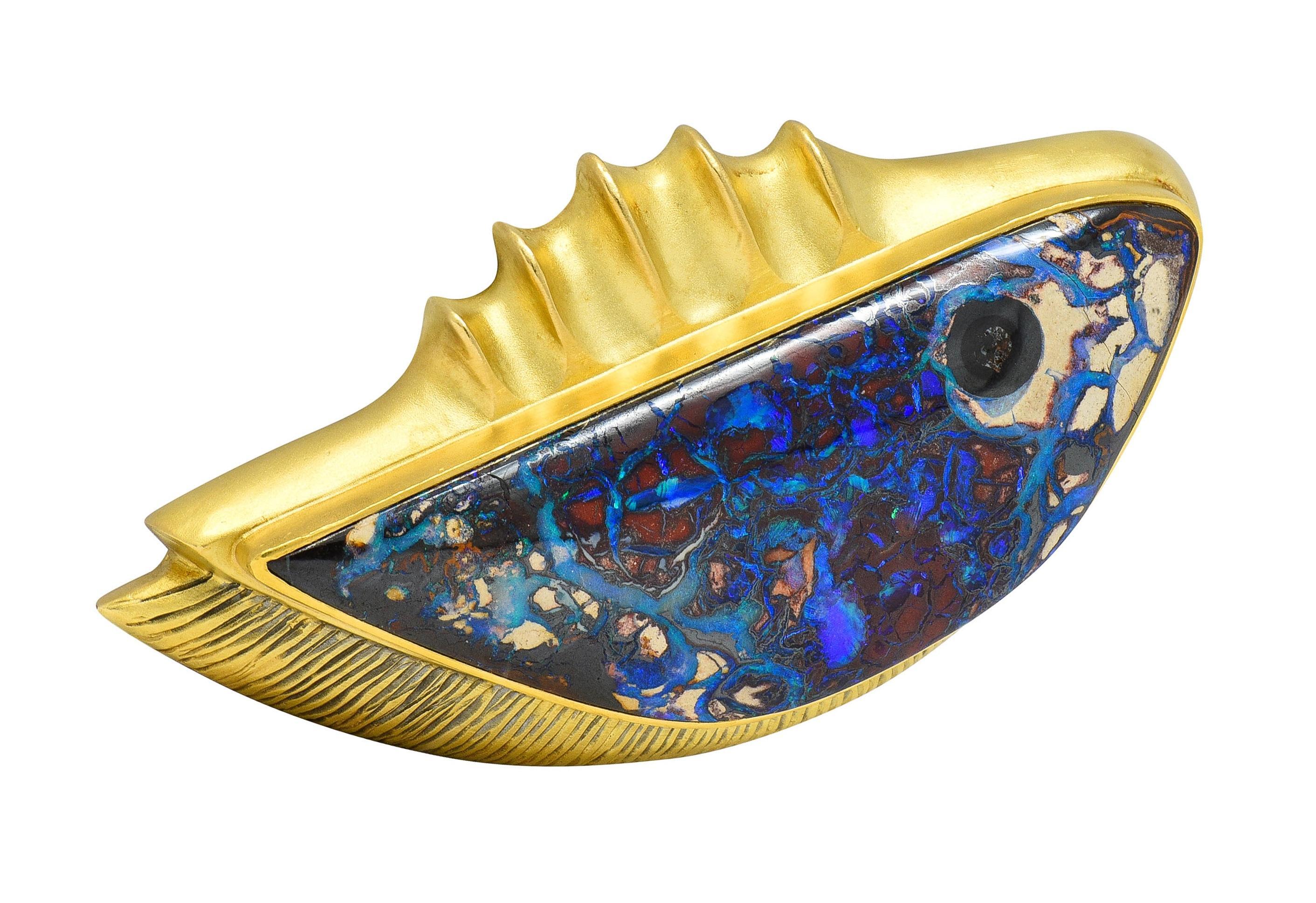 Rob Greene Modernist Art Boulder Opal Pearl 18 Karat Yellow Gold Fish Brooch For Sale 5