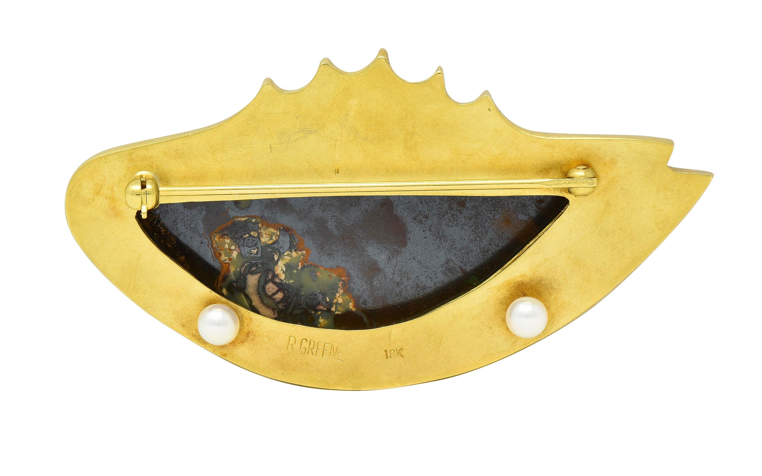 Round Cut Rob Greene Modernist Art Boulder Opal Pearl 18 Karat Yellow Gold Fish Brooch For Sale
