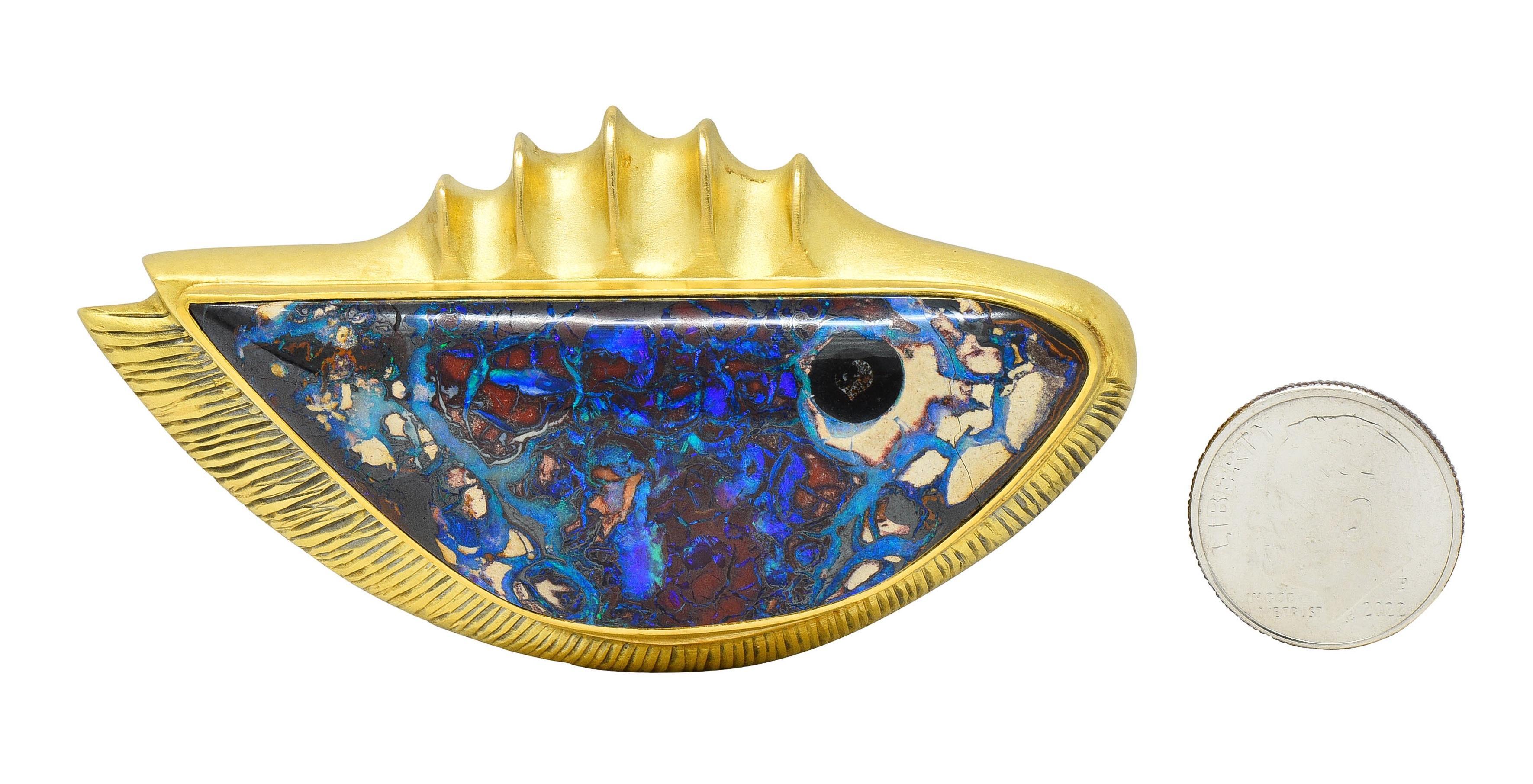Women's or Men's Rob Greene Modernist Art Boulder Opal Pearl 18 Karat Yellow Gold Fish Brooch For Sale