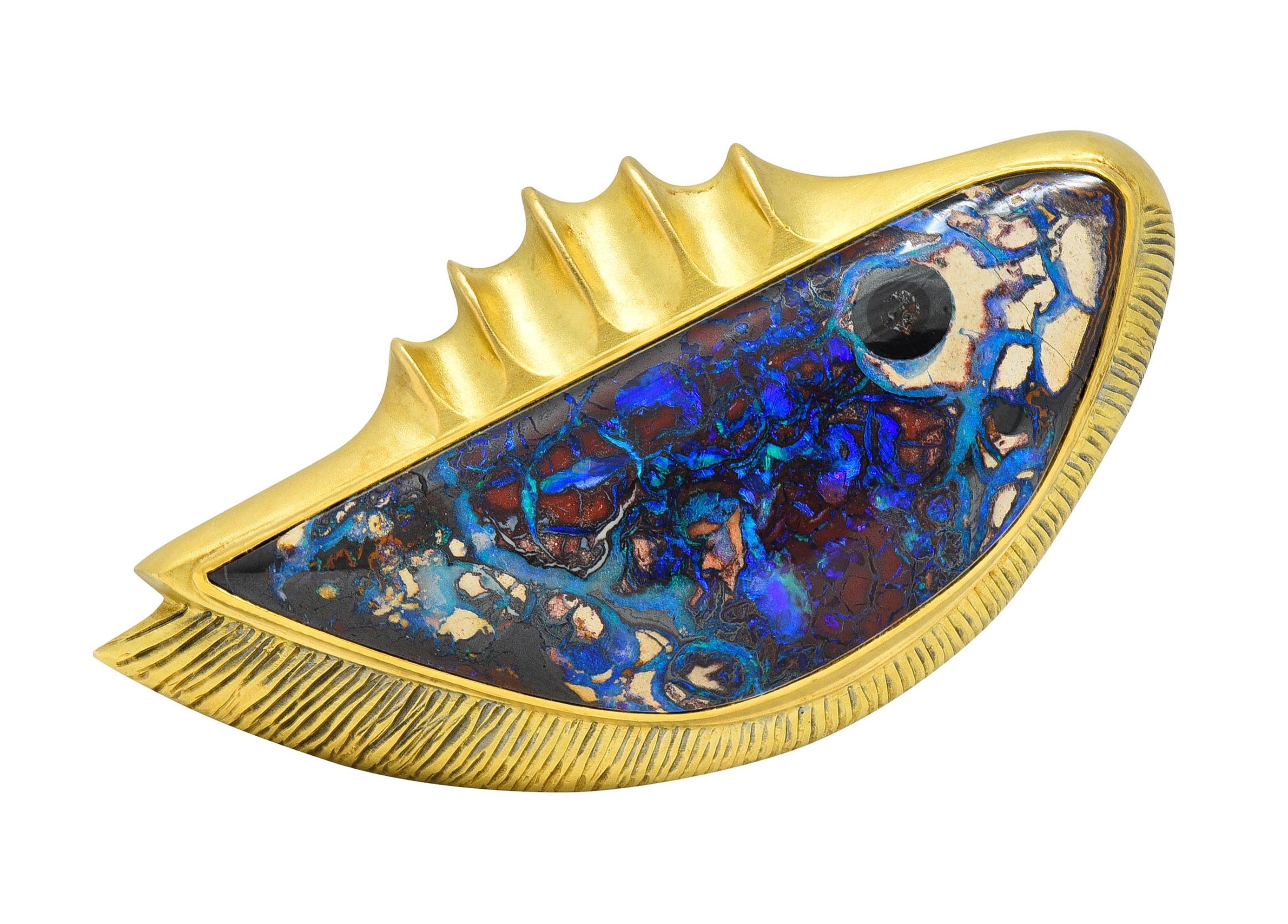 Rob Greene Modernist Art Boulder Opal Pearl 18 Karat Yellow Gold Fish Brooch For Sale 1