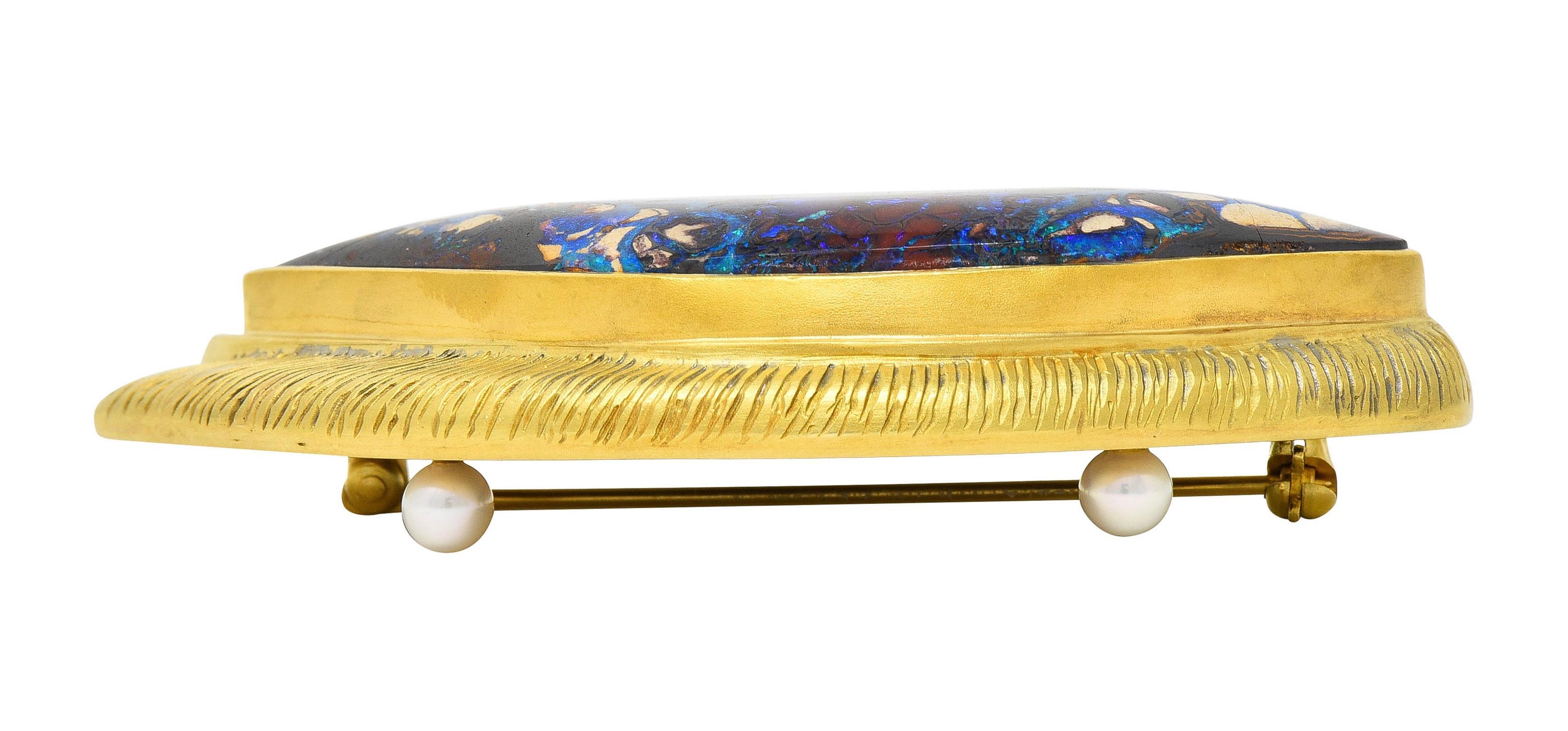 Rob Greene Modernist Art Boulder Opal Pearl 18 Karat Yellow Gold Fish Brooch For Sale 3