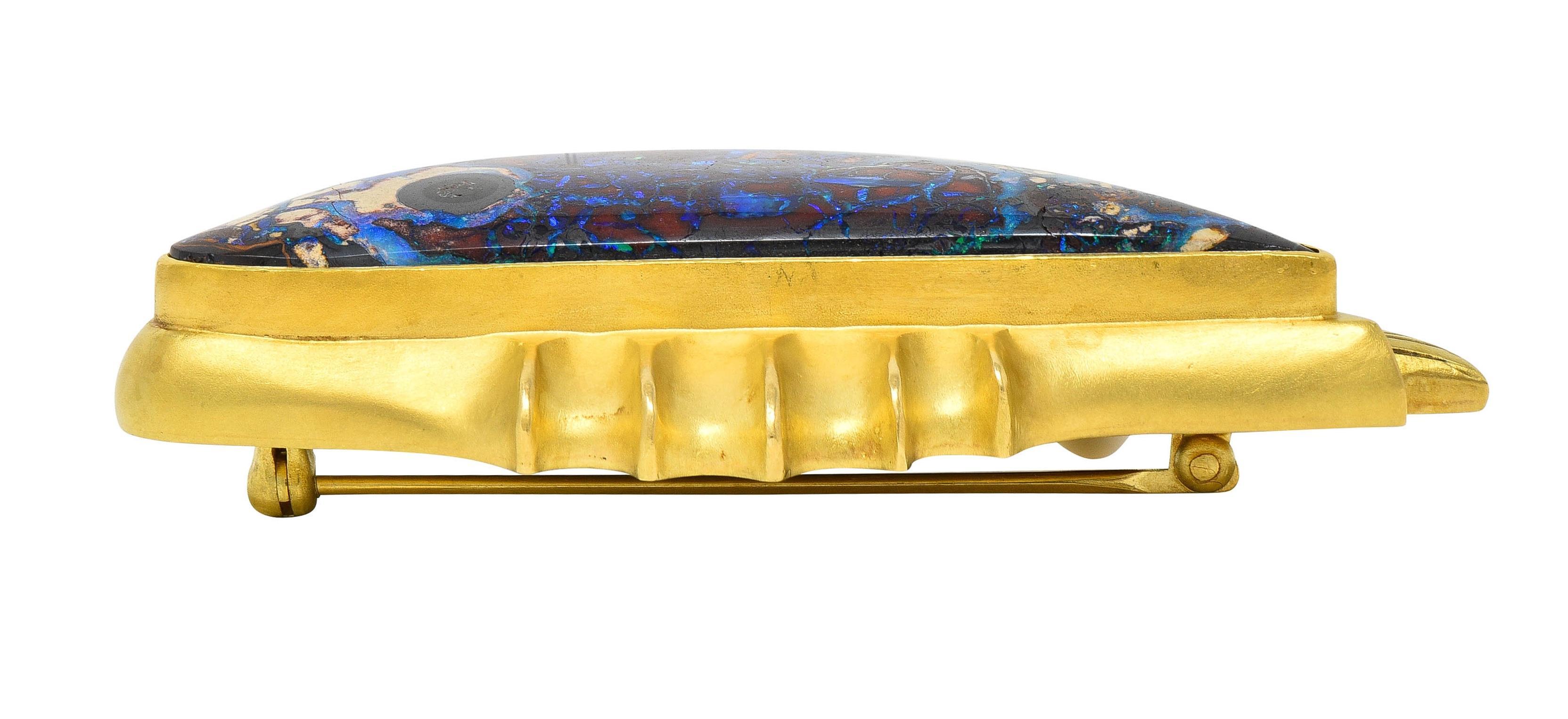 Rob Greene Modernist Art Boulder Opal Pearl 18 Karat Yellow Gold Fish Brooch For Sale 4