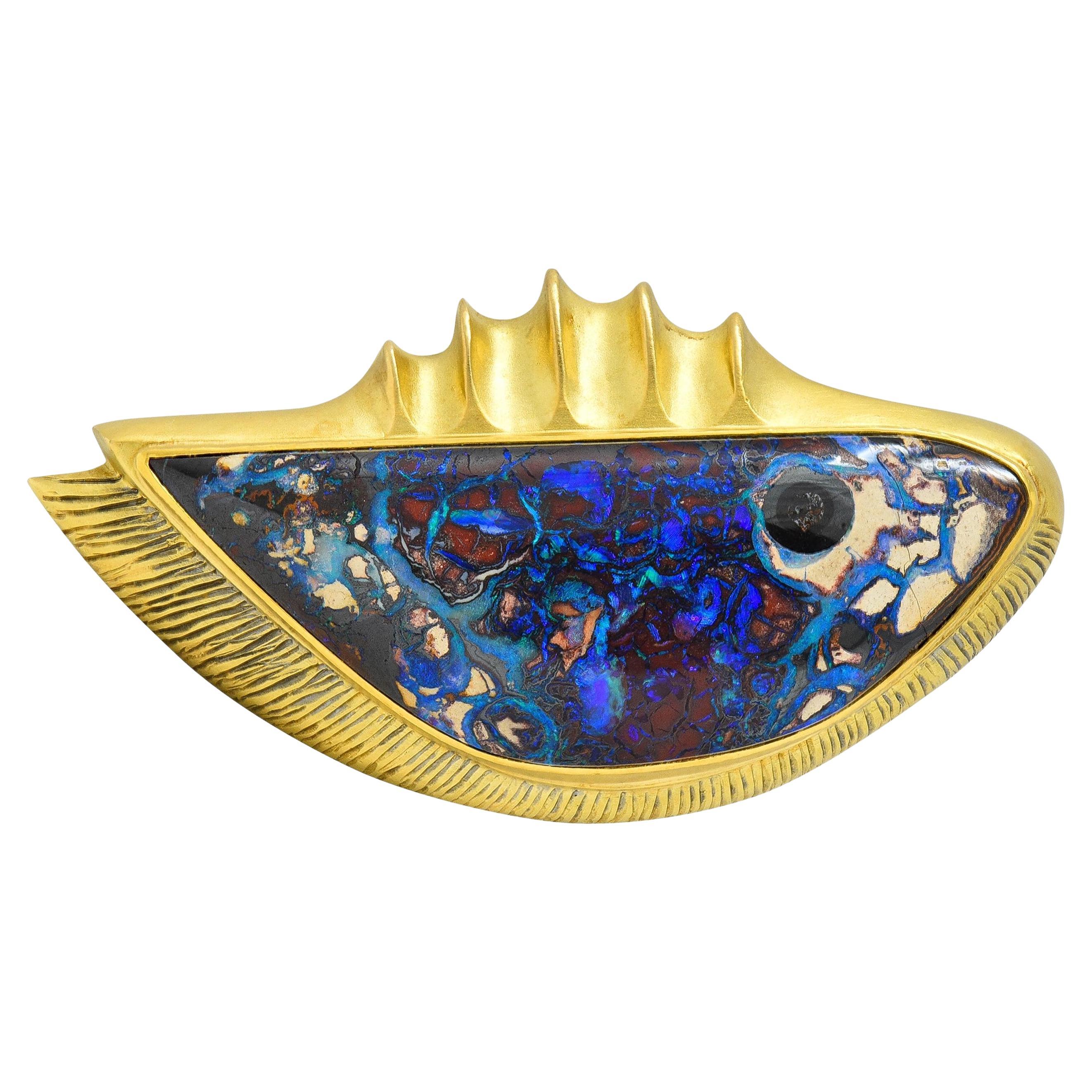 Rob Greene Modernist Art Boulder Opal Pearl 18 Karat Yellow Gold Fish Brooch