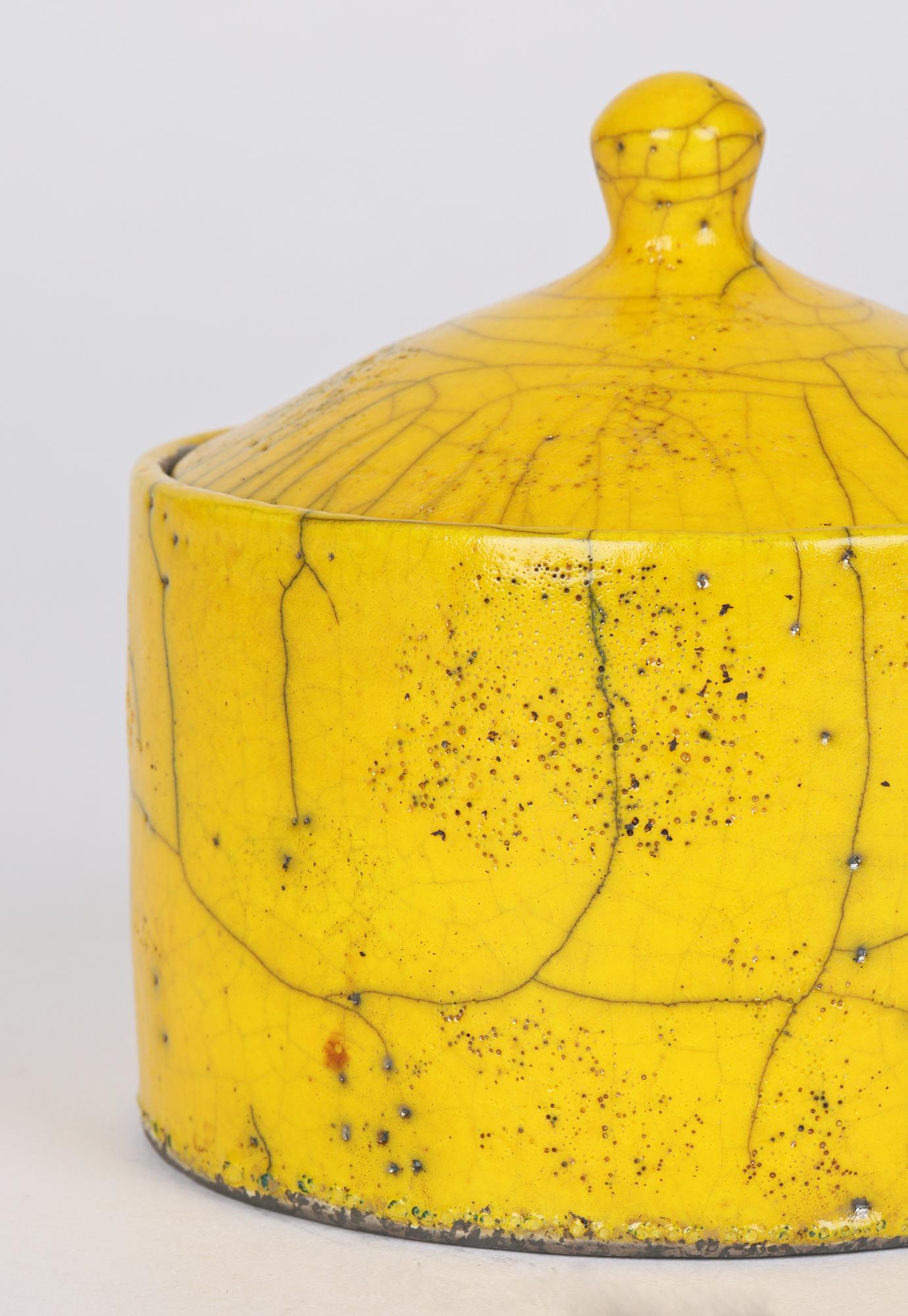 English Rob Hand Yellow Raku Fired Studio Pottery Lidded Pot