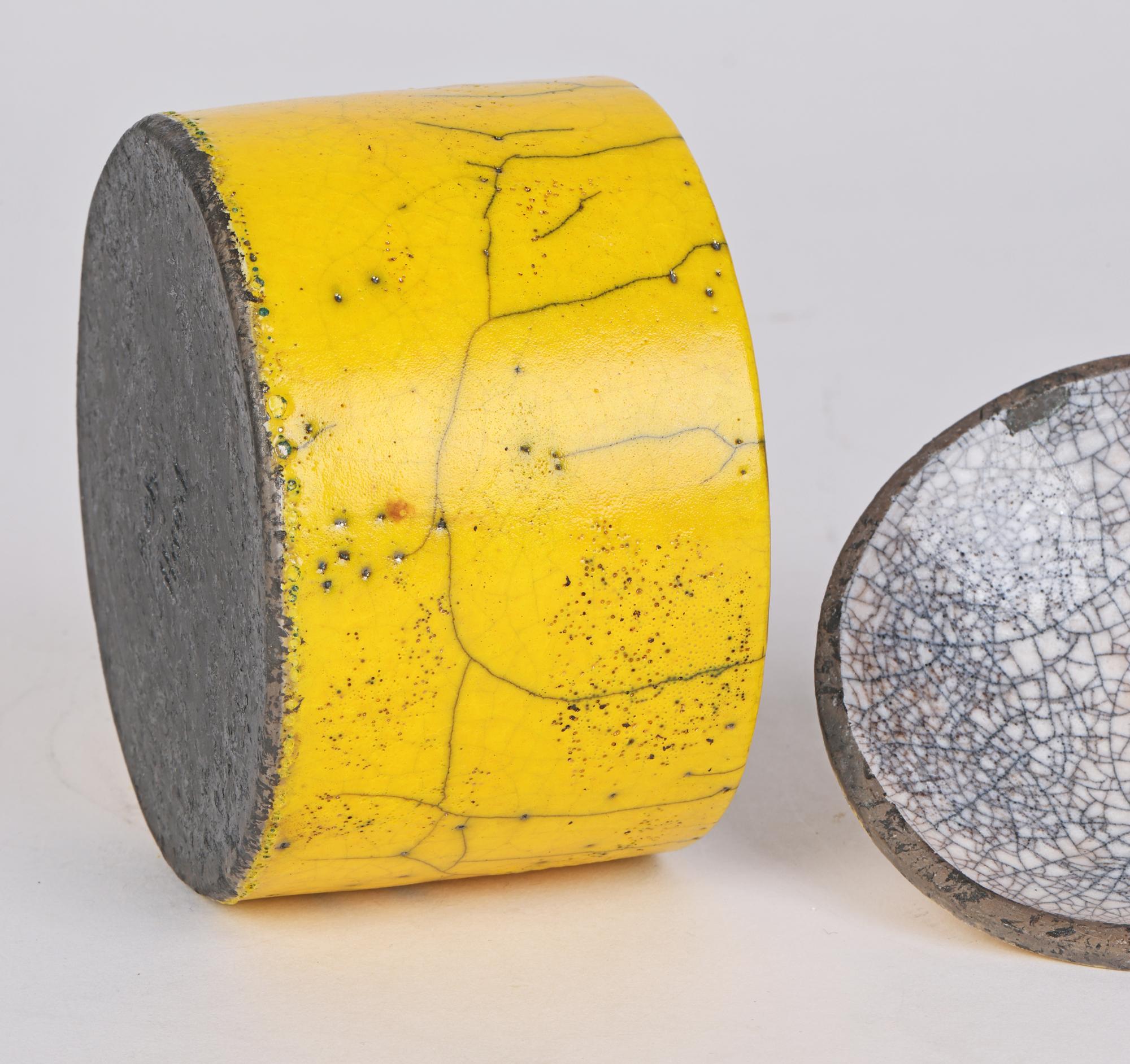 Ceramic Rob Hand Yellow Raku Fired Studio Pottery Lidded Pot