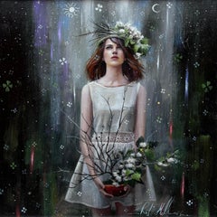 «Copos de nieve y pétalos», pintura acrílica realista, firmada, siglo XXI