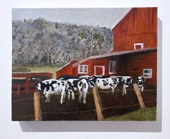 Moondog Holstein (2022), oil on linen, cows, red barn, landscape, farm painting