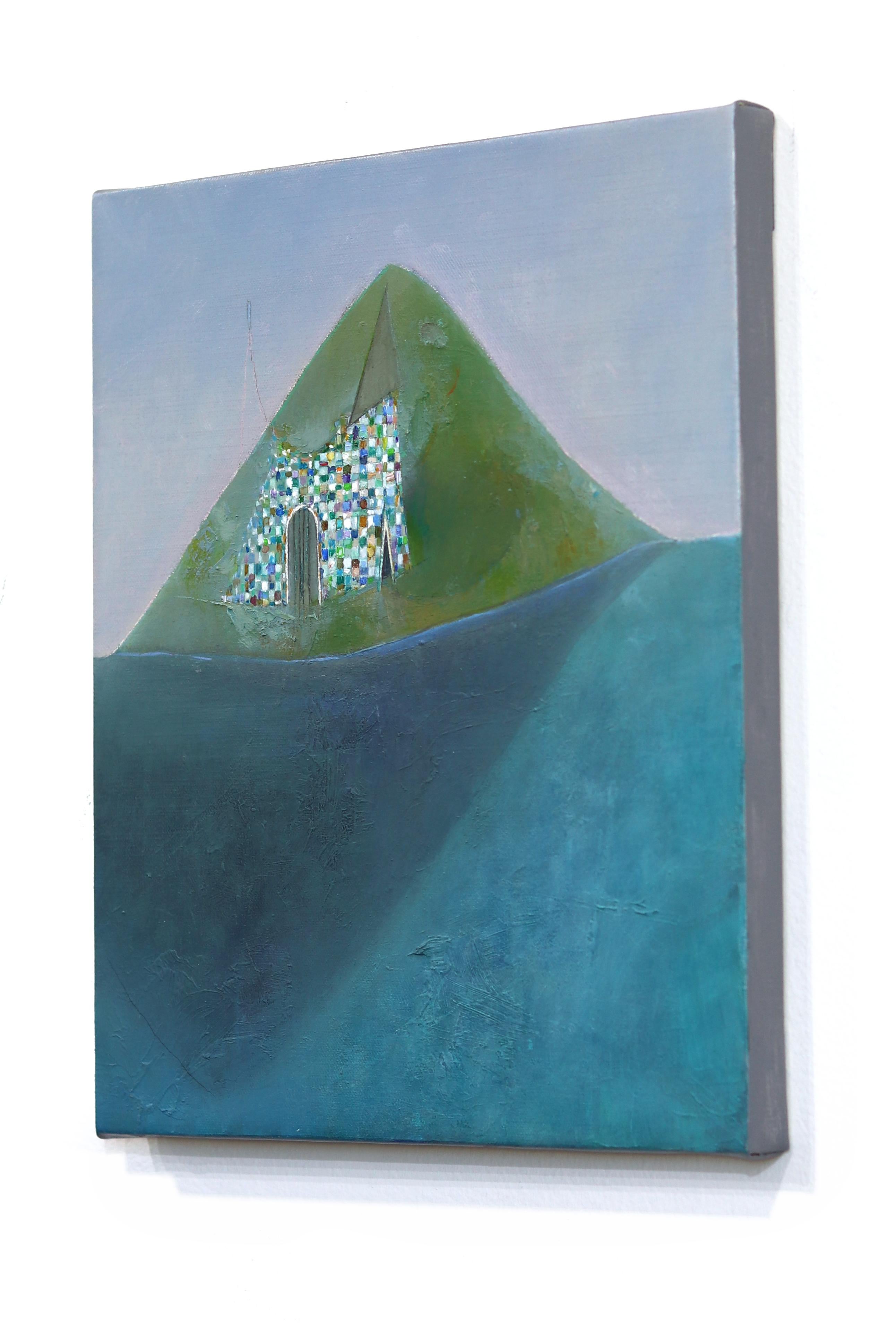 Il lato più lontano di una piccola isola - Pittura surrealista originale di paesaggio - Abstract Painting Blu di Rob Katkowski