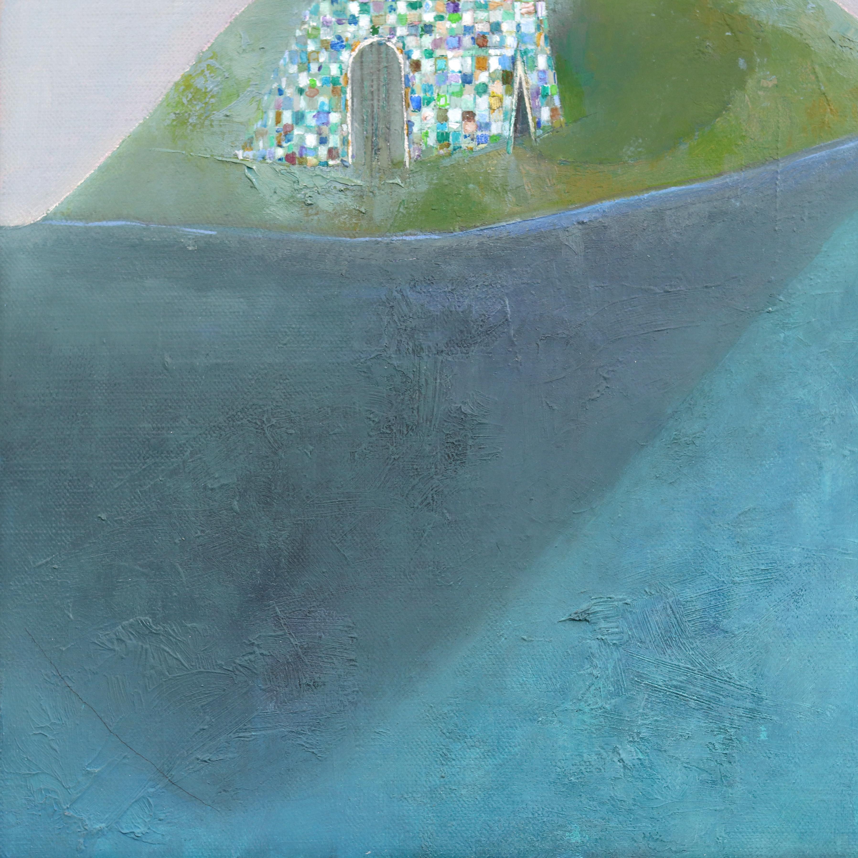 Il lato più lontano di una piccola isola - Pittura surrealista originale di paesaggio in vendita 3