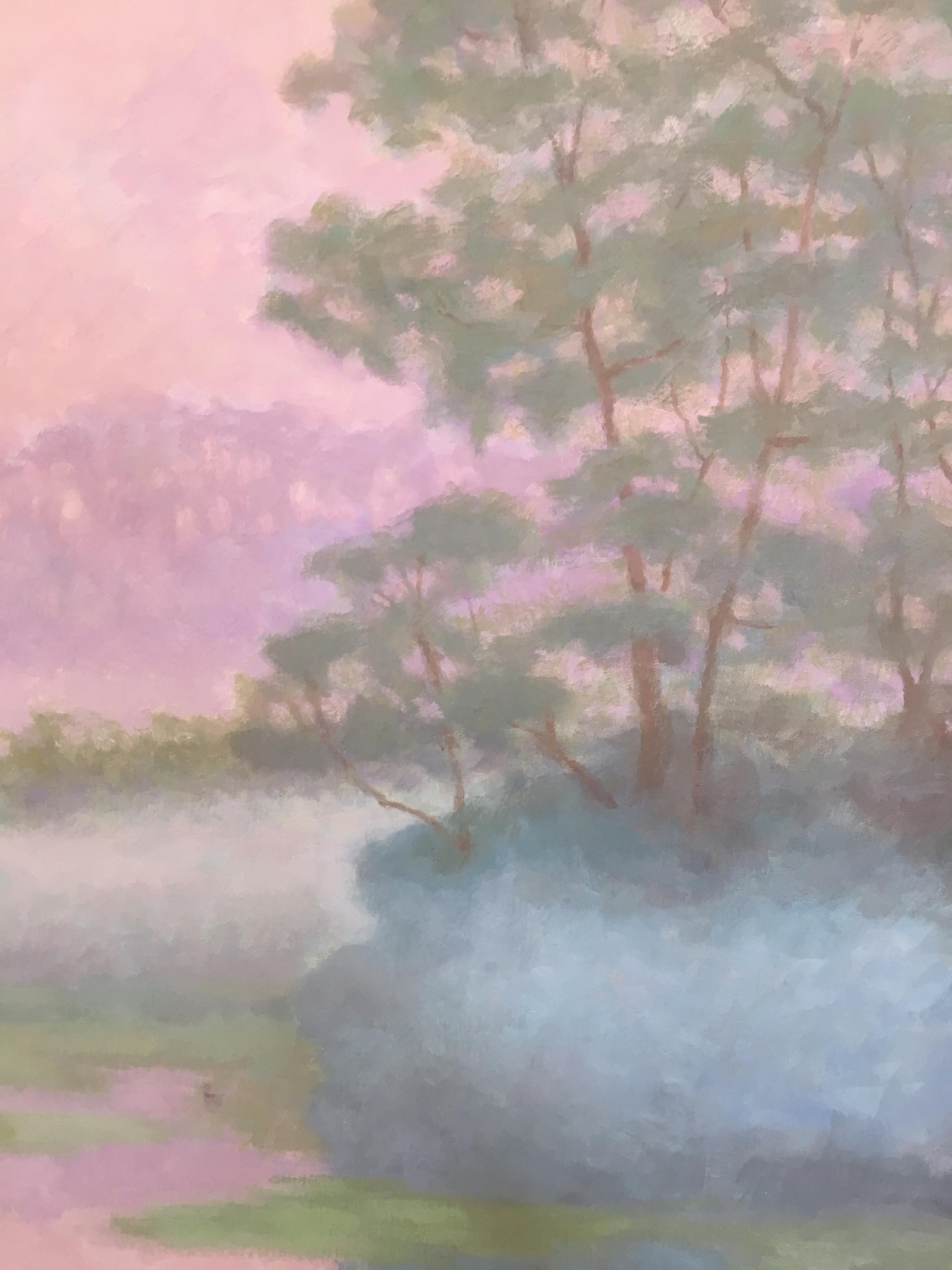 Landscape, nature, pond, water, forest, trees, mist, fog, magenta, lavender, pink, orange, purple, red, blue, green, fog, ducks, soft, pastel, sunset, dusk. Akin to Claude Monet water lilies.

Rob Longley's training as an artist began when he first