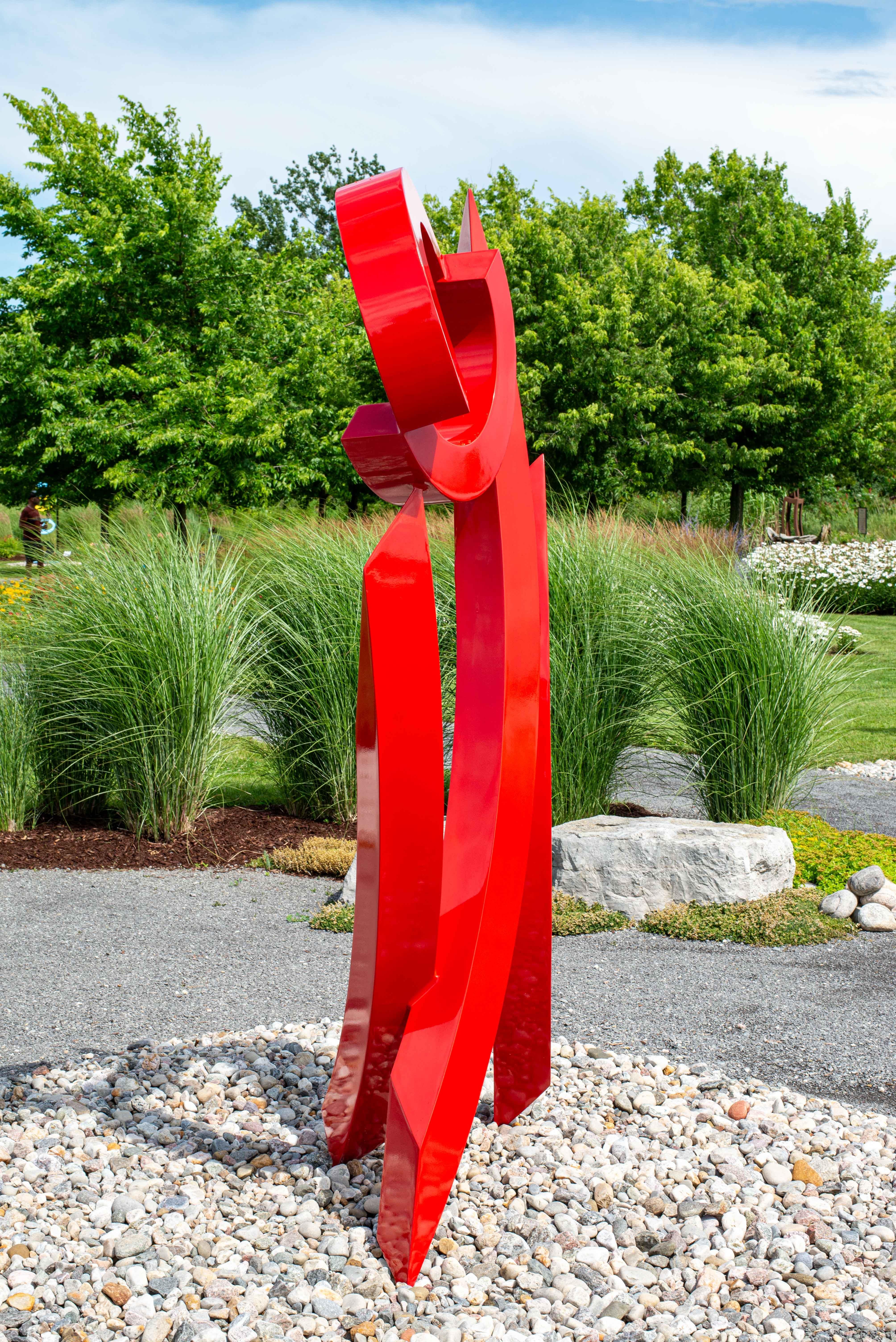 A fine sculptor for 30 years, American artist Rob Lorenson creates dynamic abstract pieces that are visually captivating. This large elegant outdoor sculpture is forged from stainless steel and features three curved columns of varying lengths that