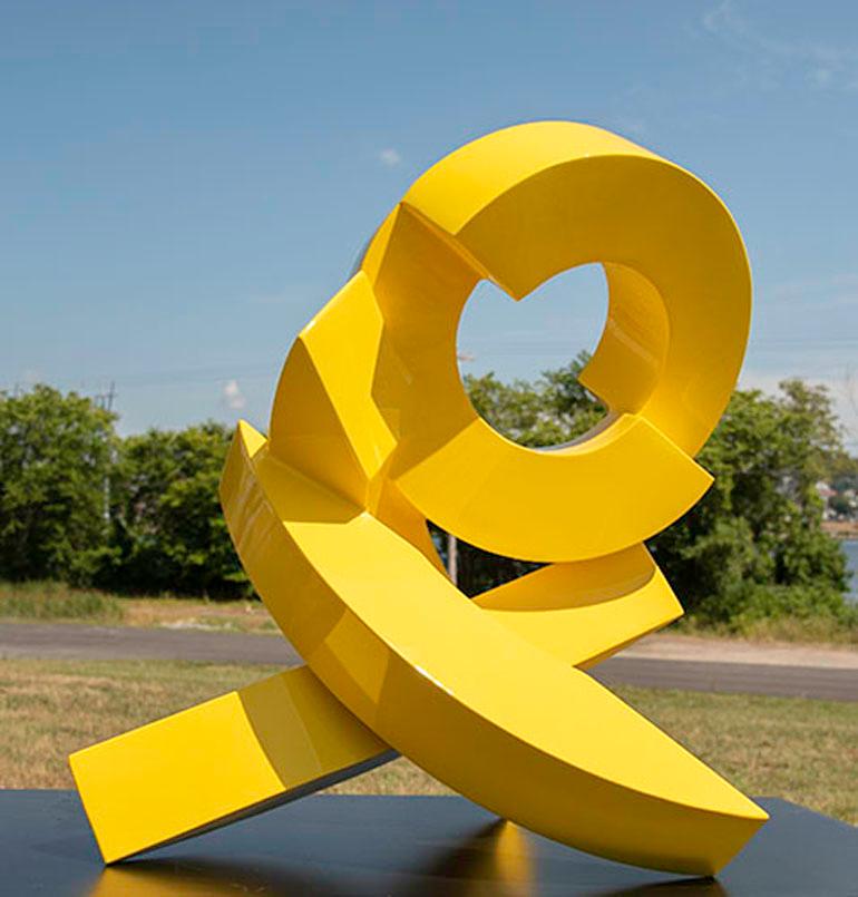 'Yellow Eddy', abstract geometric aluminum indoor/outdoor sculpture  - Sculpture by Rob Lorenson