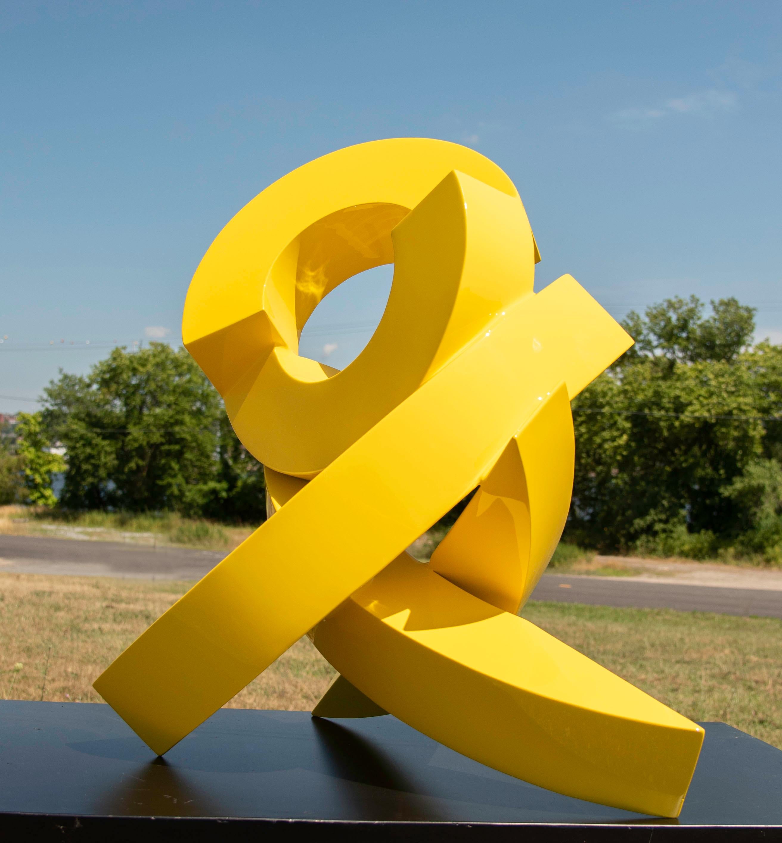 Rob Lorenson Abstract Sculpture - 'Yellow Eddy', abstract geometric aluminum indoor/outdoor sculpture 