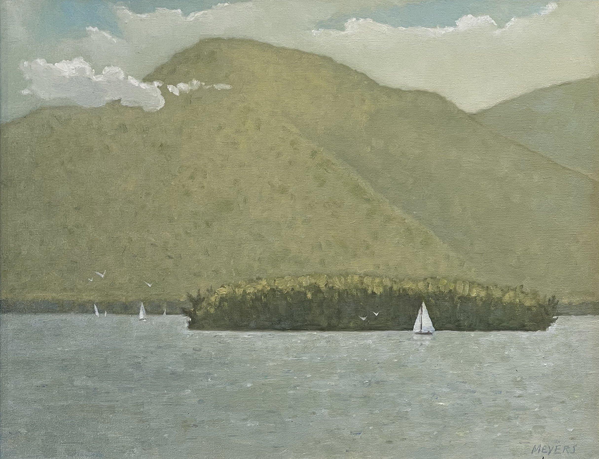 "Lifting Clouds, Bolton" is a 14x18 oil painting on canvas by artist Rob Meyers featuring a mountainous view from out on the water. A moody sky with lifting clouds reveals blue skies with sail boats gliding across the smooth waters below. Subtle