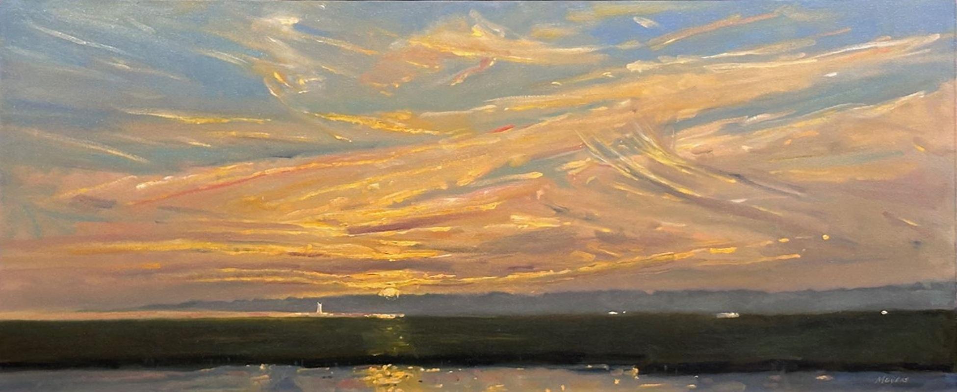 Rob Meyers, "Moonlight Sail", 16x38 Adirondack Lake George Sunset Oil Painting