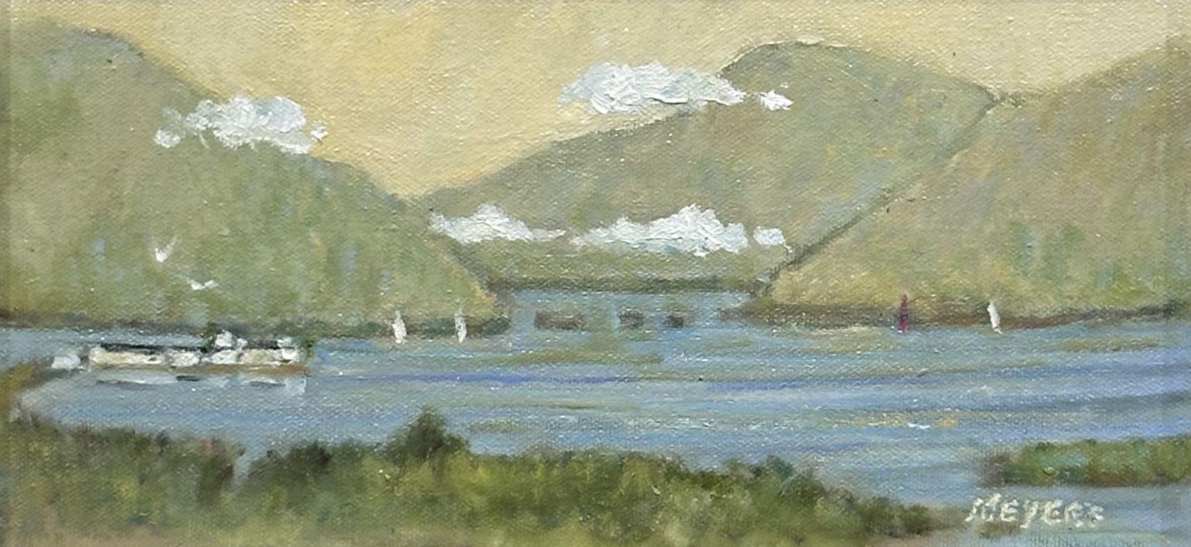 "Sailing at Dawn" is a 6x12 oil painting on canvas by artist Rob Meyers featuring a water view of Lake George at the break of dawn. A cluster of white morning sailboats swarm beneath lifting clouds, moving steadily on the glassy water. While fluffy