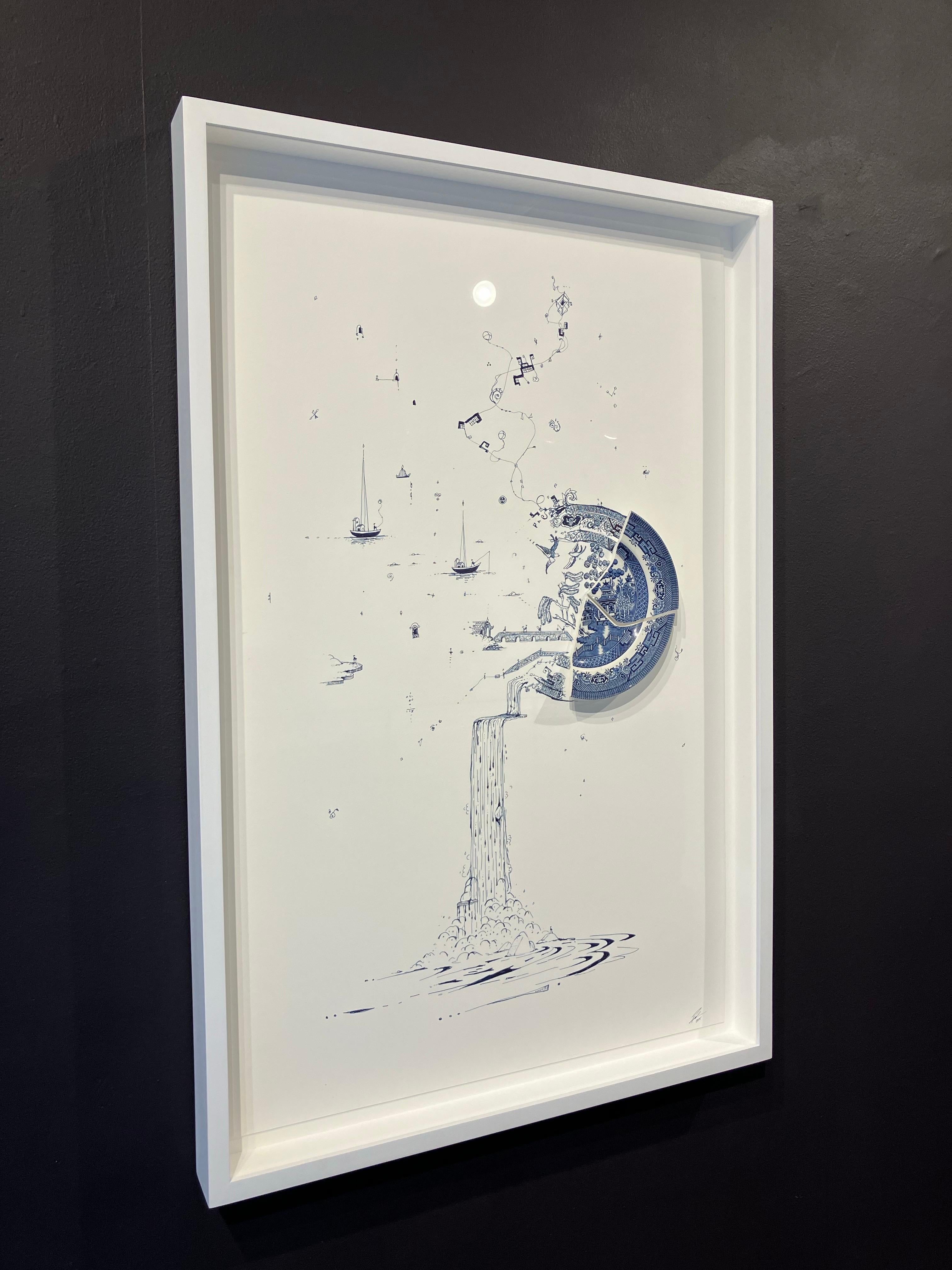 Frammentato in blu con aquiloni e isole, Rob Strati, 2025, tecnica mista incorniciata 2