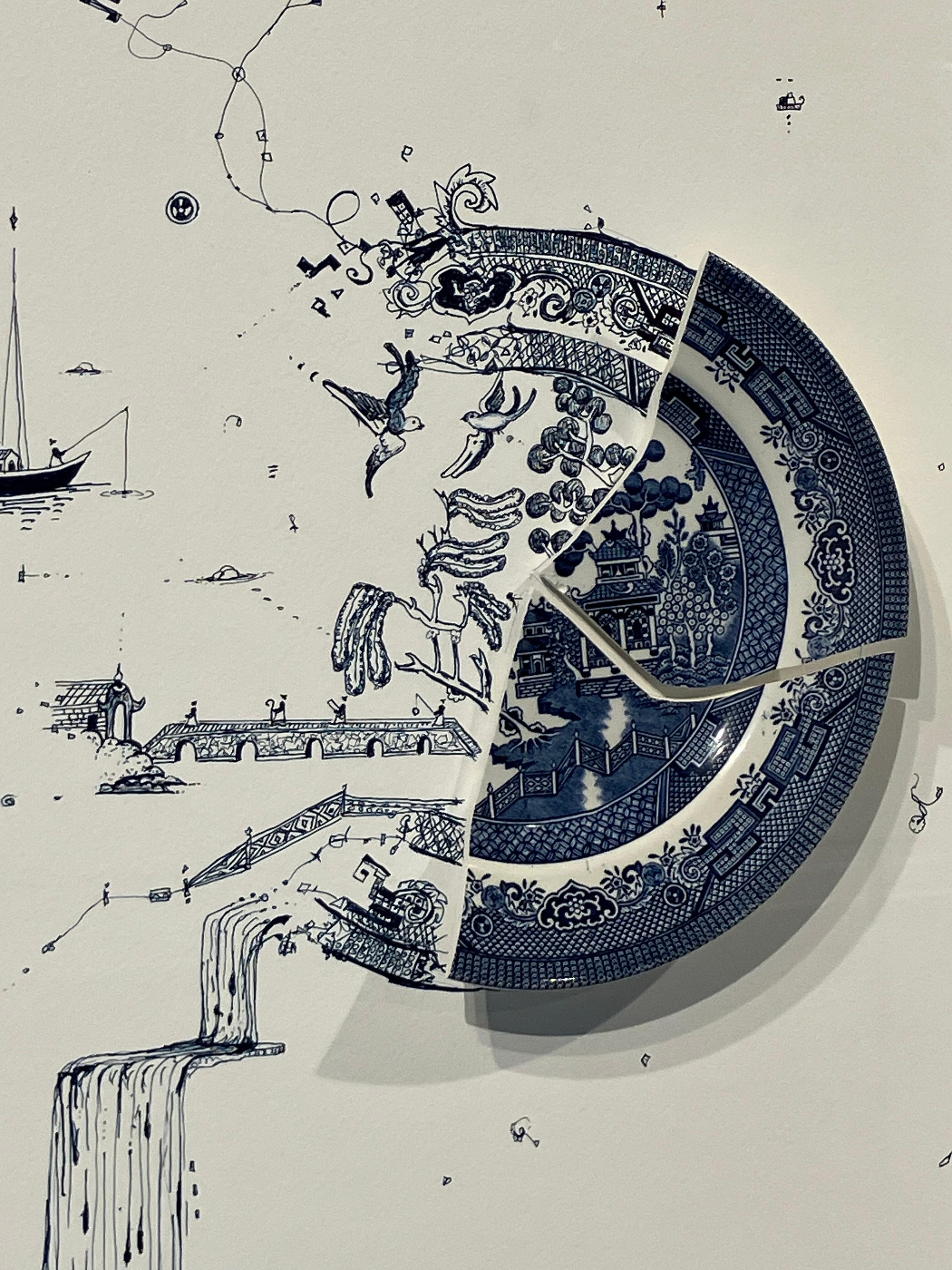 Frammentato in blu con aquiloni e isole, Rob Strati, 2025, tecnica mista incorniciata 3