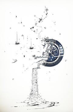 Frammentato in blu con aquiloni e isole, Rob Strati, 2025, tecnica mista incorniciata