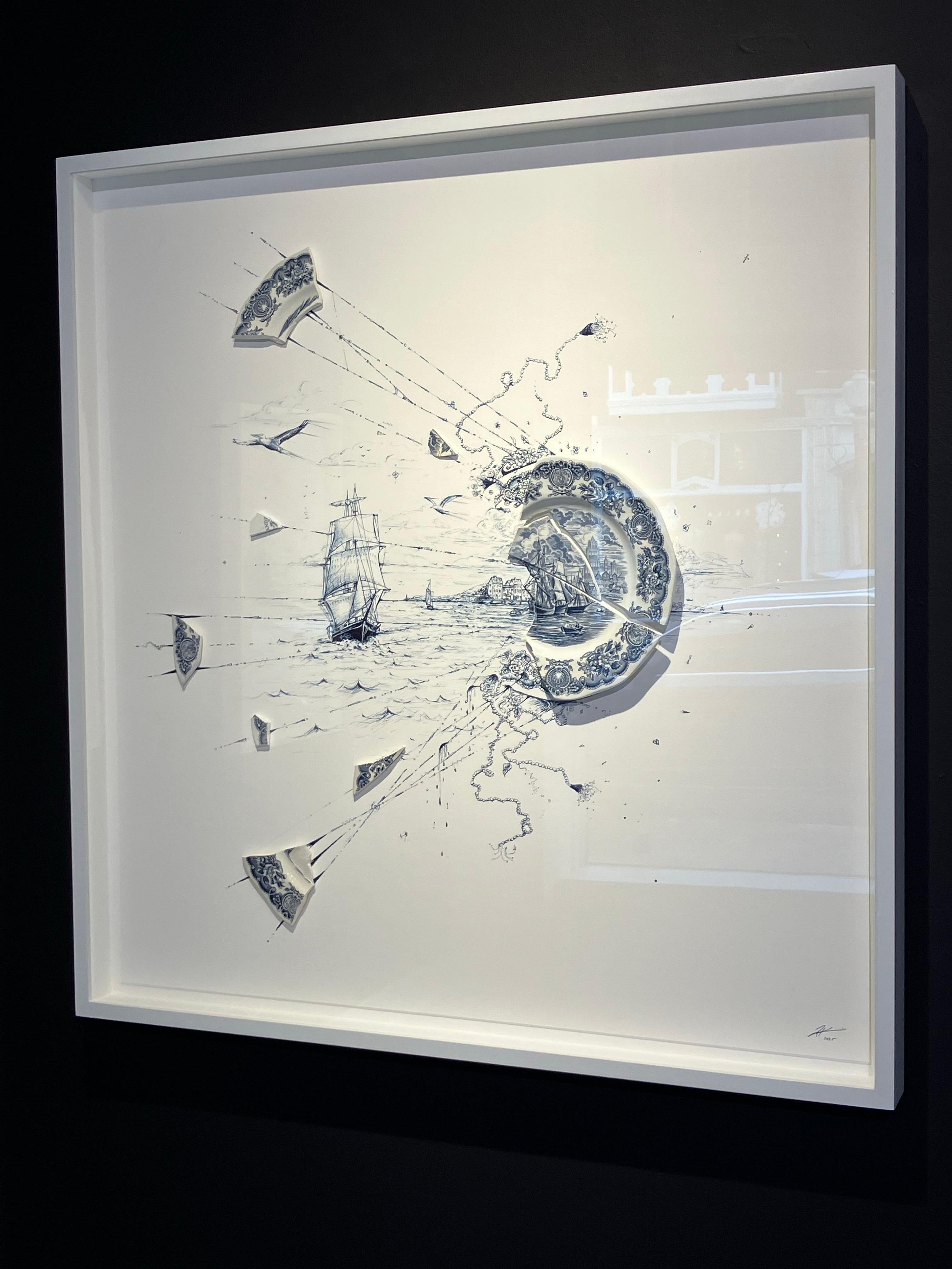 Navi a vela nelle onde dell'oceano, Rob Strati, 2025, Ceramica e inchiostro su carta, incorniciato 2