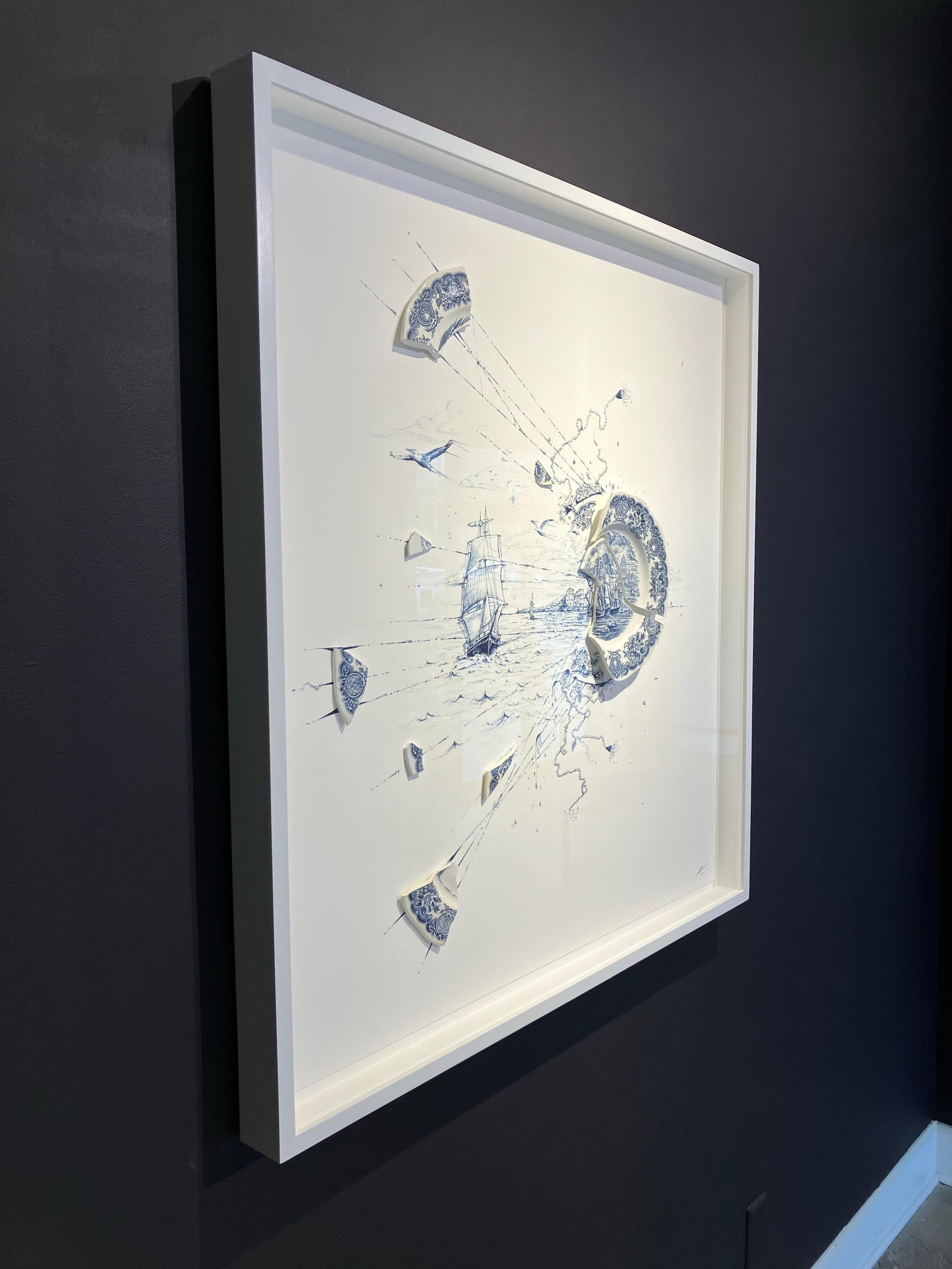 Navi a vela nelle onde dell'oceano, Rob Strati, 2025, Ceramica e inchiostro su carta, incorniciato 3
