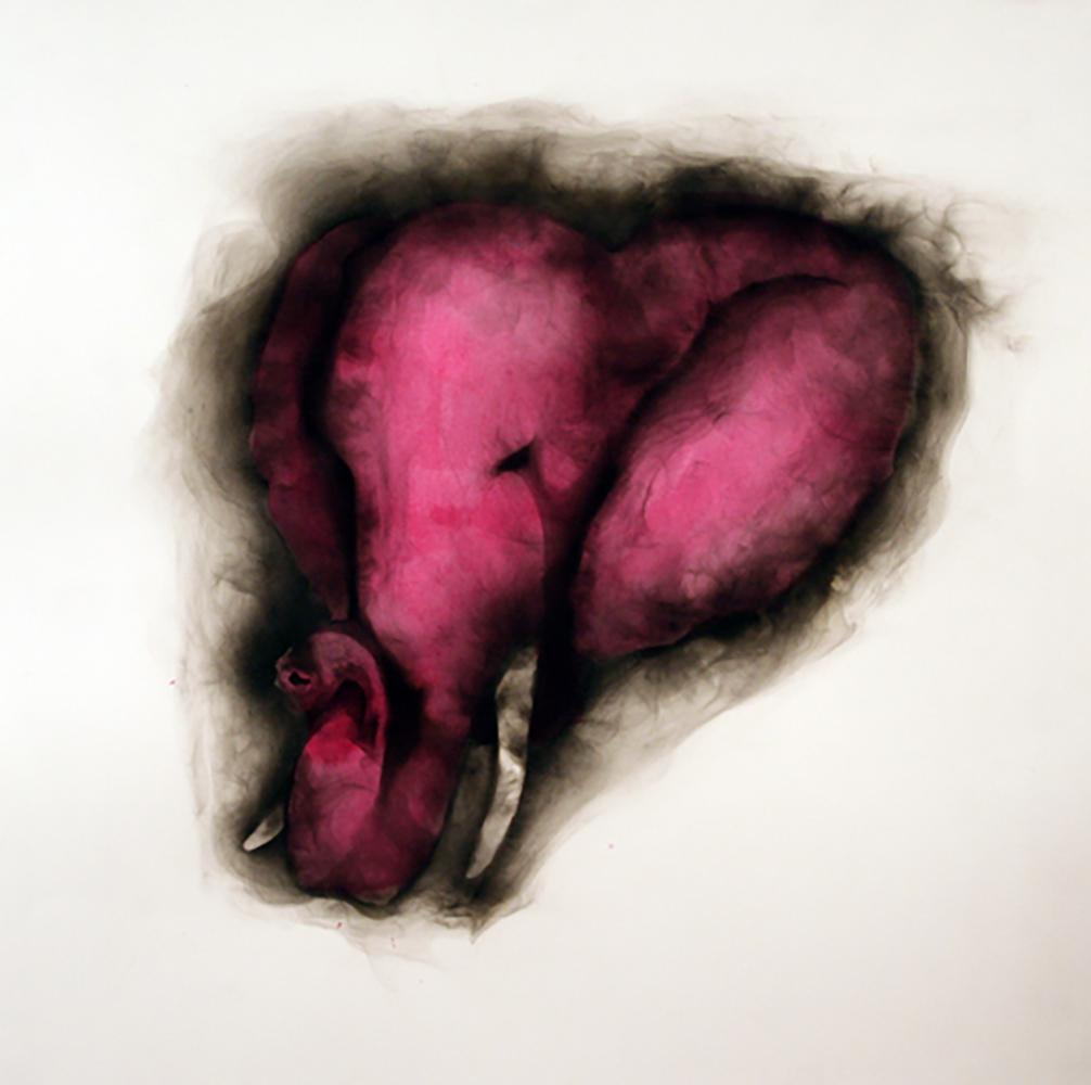 Elephant in the Room II - hot pink elephant, smoke on paper, contemporary frame - Painting by Rob Tarbell