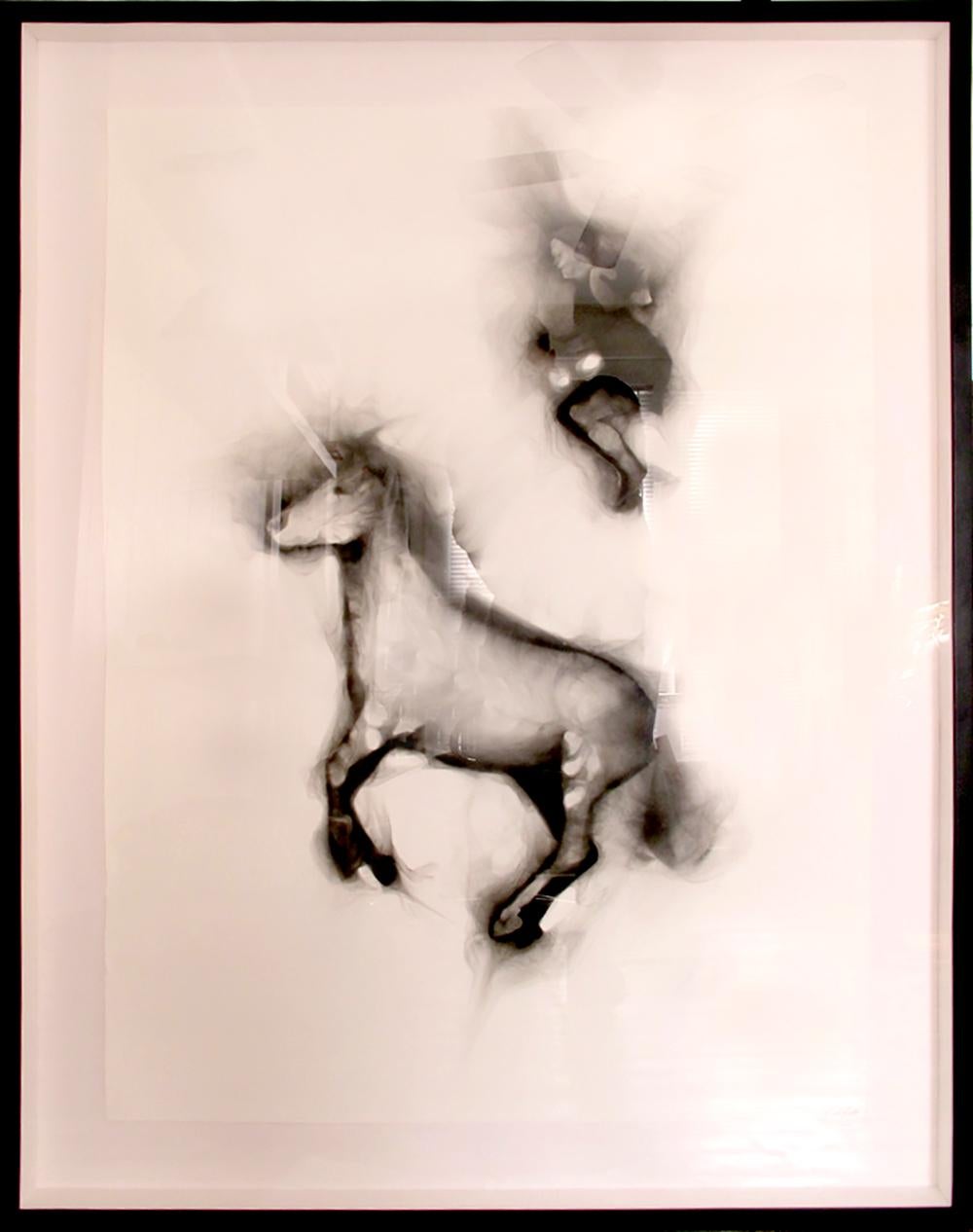 Flying Alinga Double Jump, smoke on paper, elegant custom contemporary box frame - Painting by Rob Tarbell