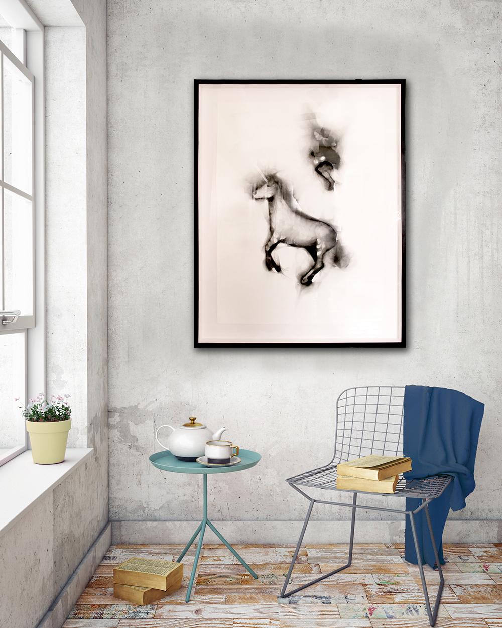 Flying Alinga Double Jump, smoke on paper, elegant custom contemporary box frame - Contemporary Painting by Rob Tarbell