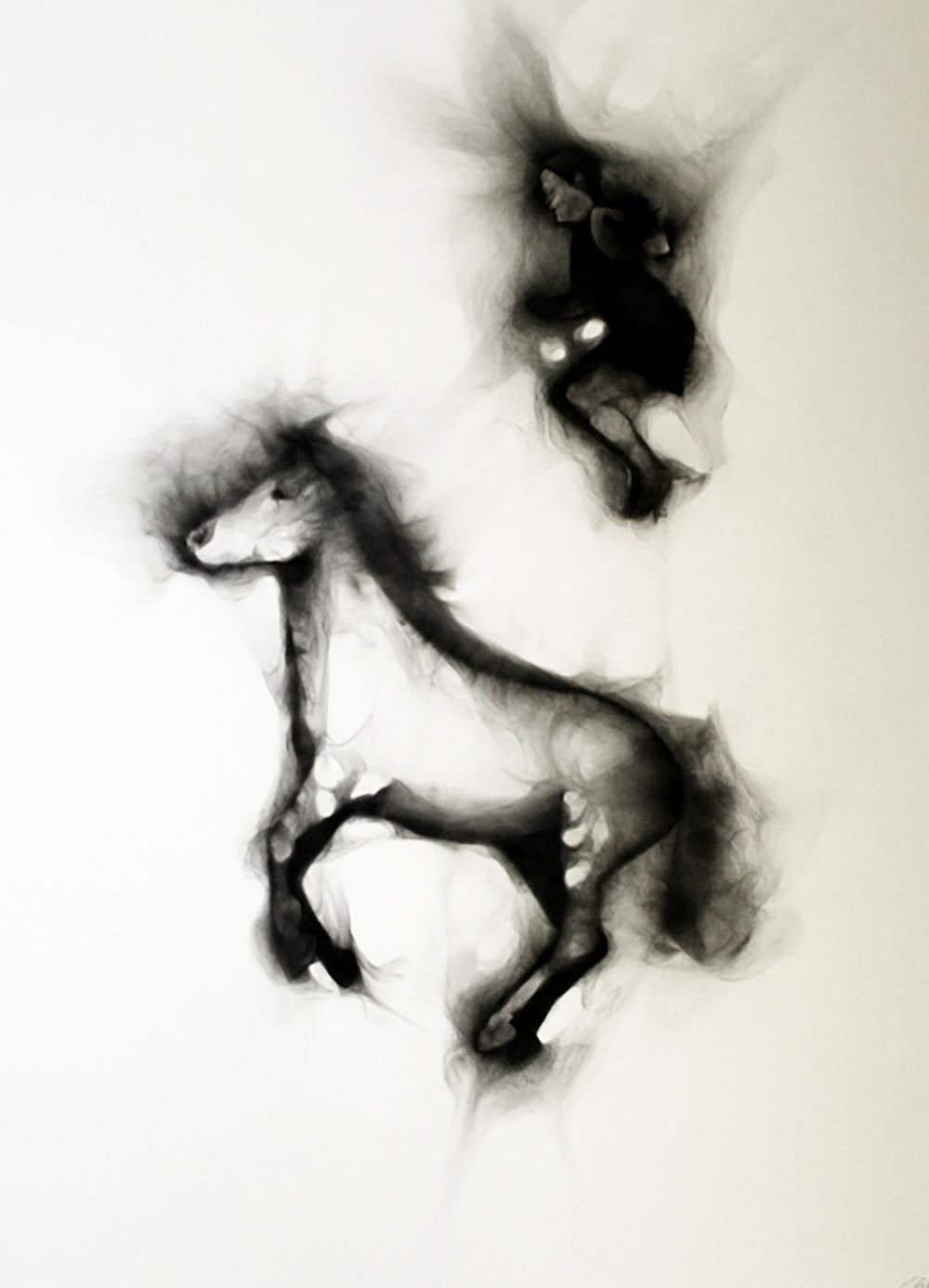 Rob Tarbell Figurative Painting - Flying Alinga Double Jump, smoke on paper, elegant custom contemporary box frame