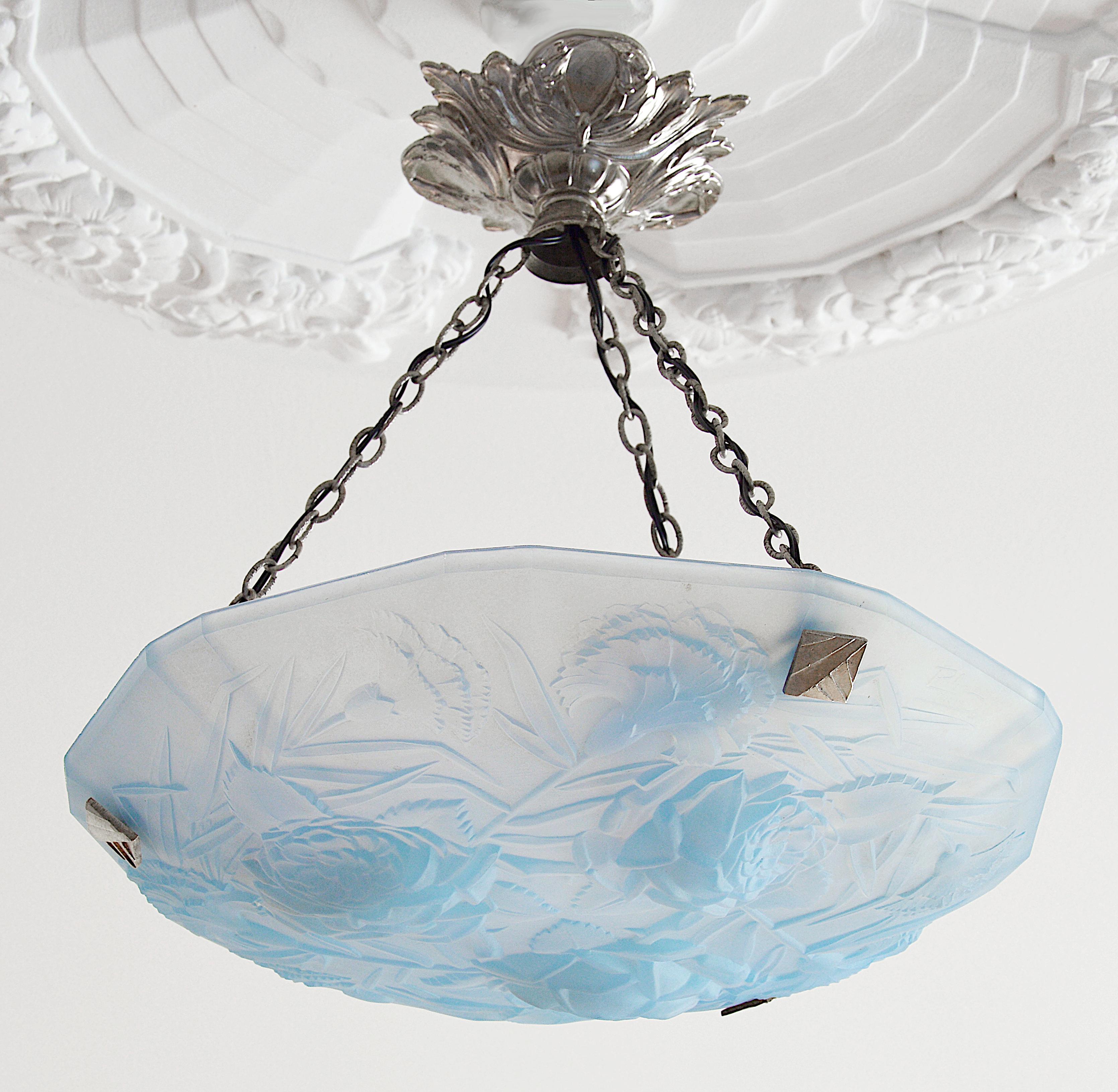 Roba French Art Deco Opalescent Pendant Chandelier 1920 For Sale at 1stDibs