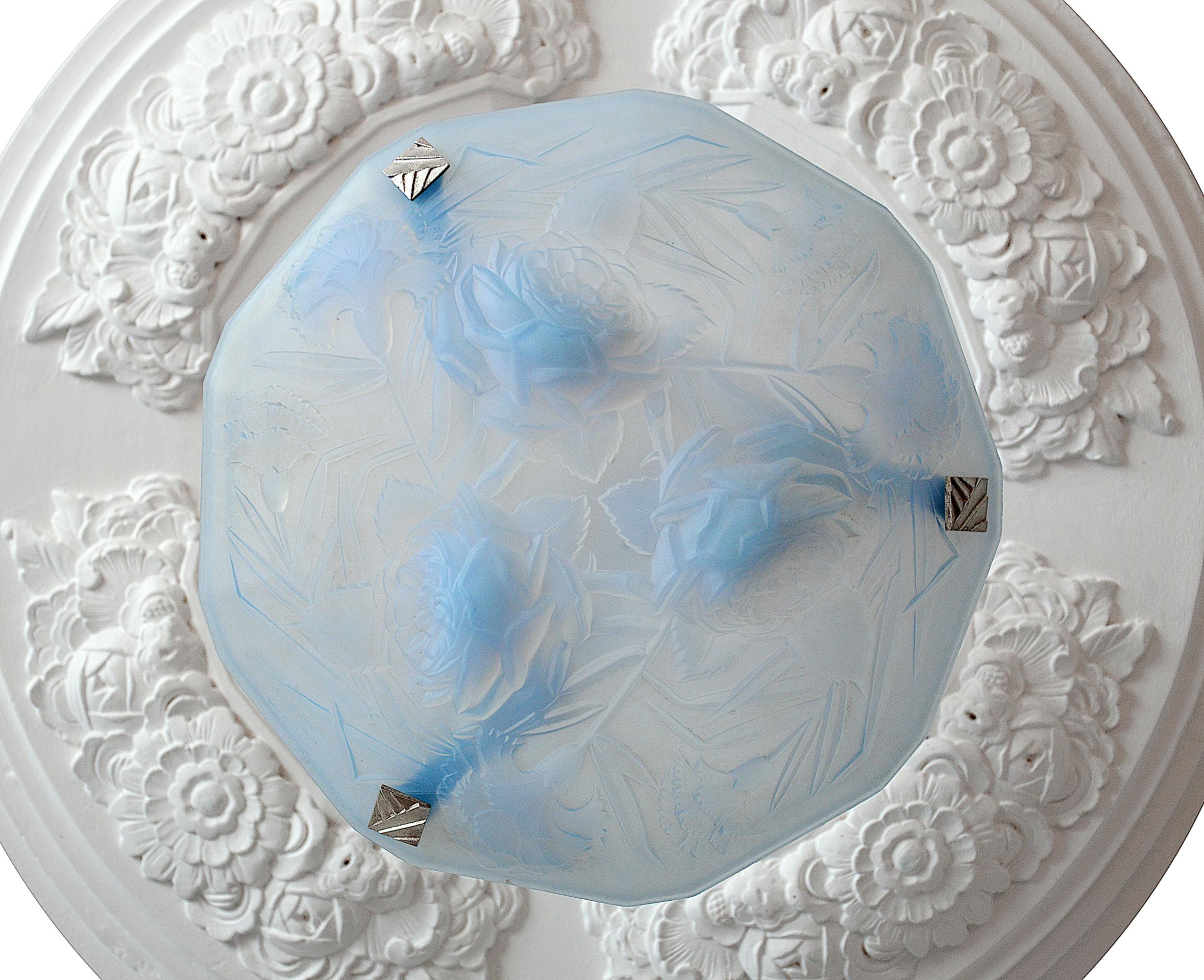 Early 20th Century Roba French Art Deco Opalescent Pendant Chandelier, 1920 For Sale
