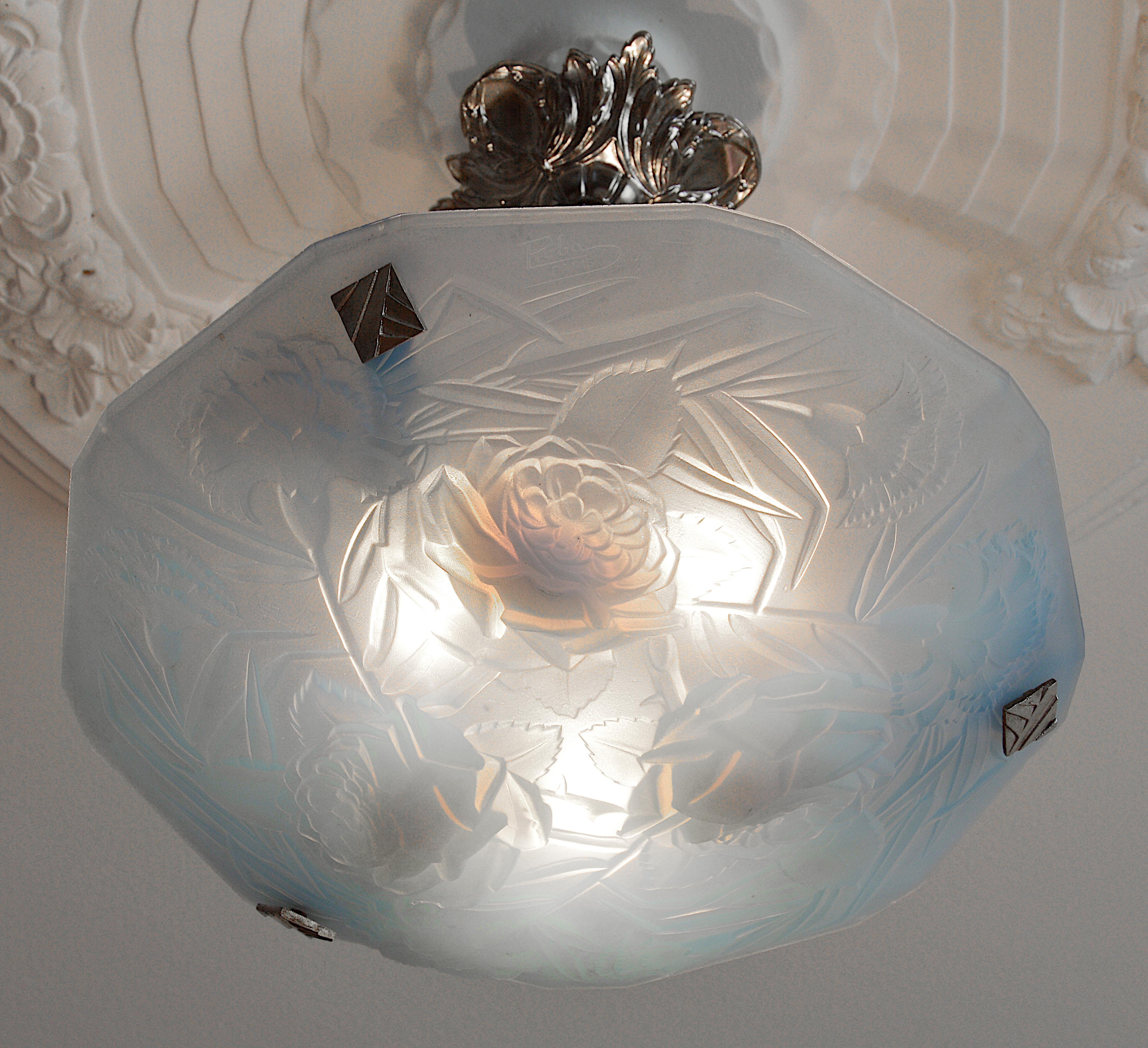 Brass Roba French Art Deco Opalescent Pendant Chandelier, 1920 For Sale