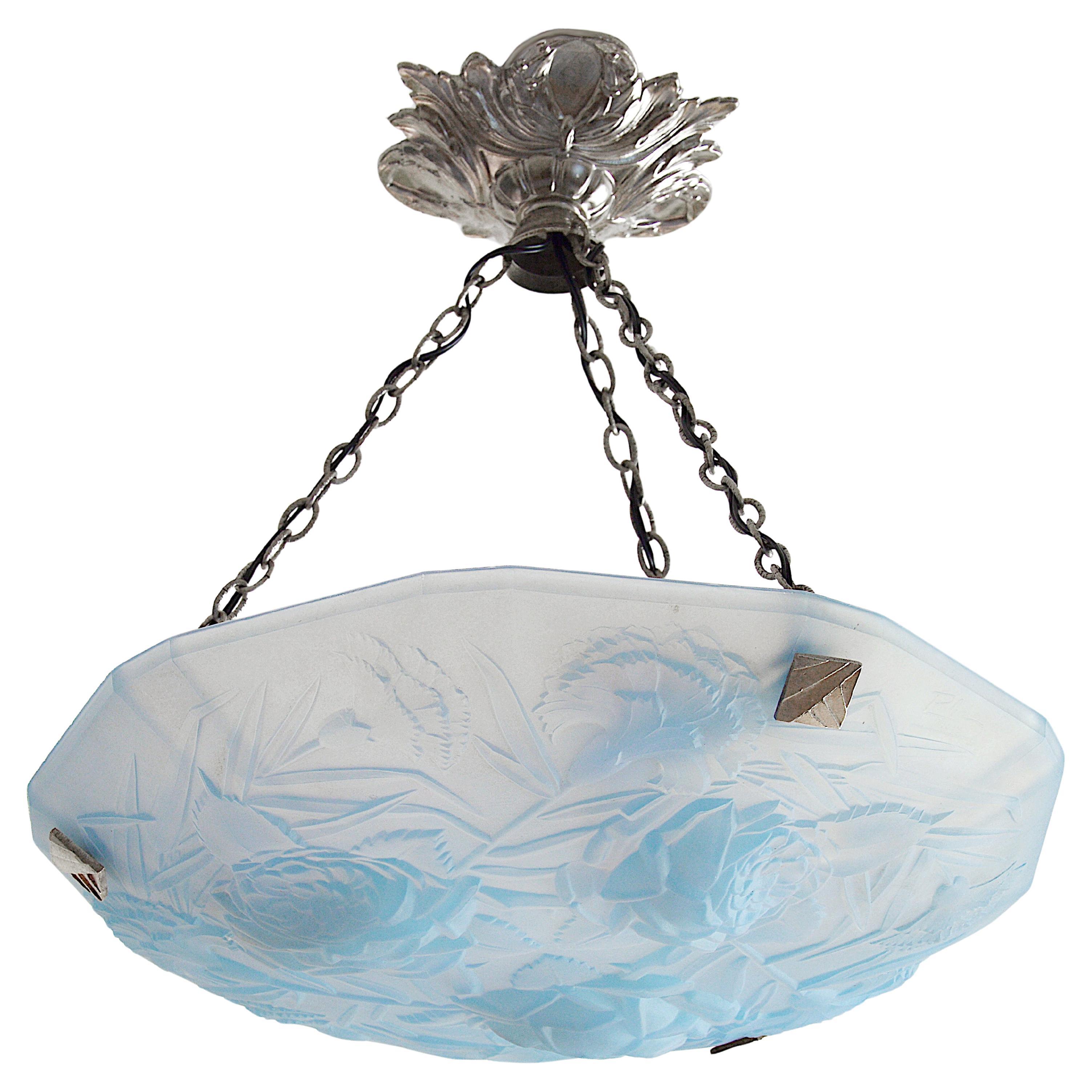Roba French Art Deco Opalescent Pendant Chandelier, 1920s For Sale