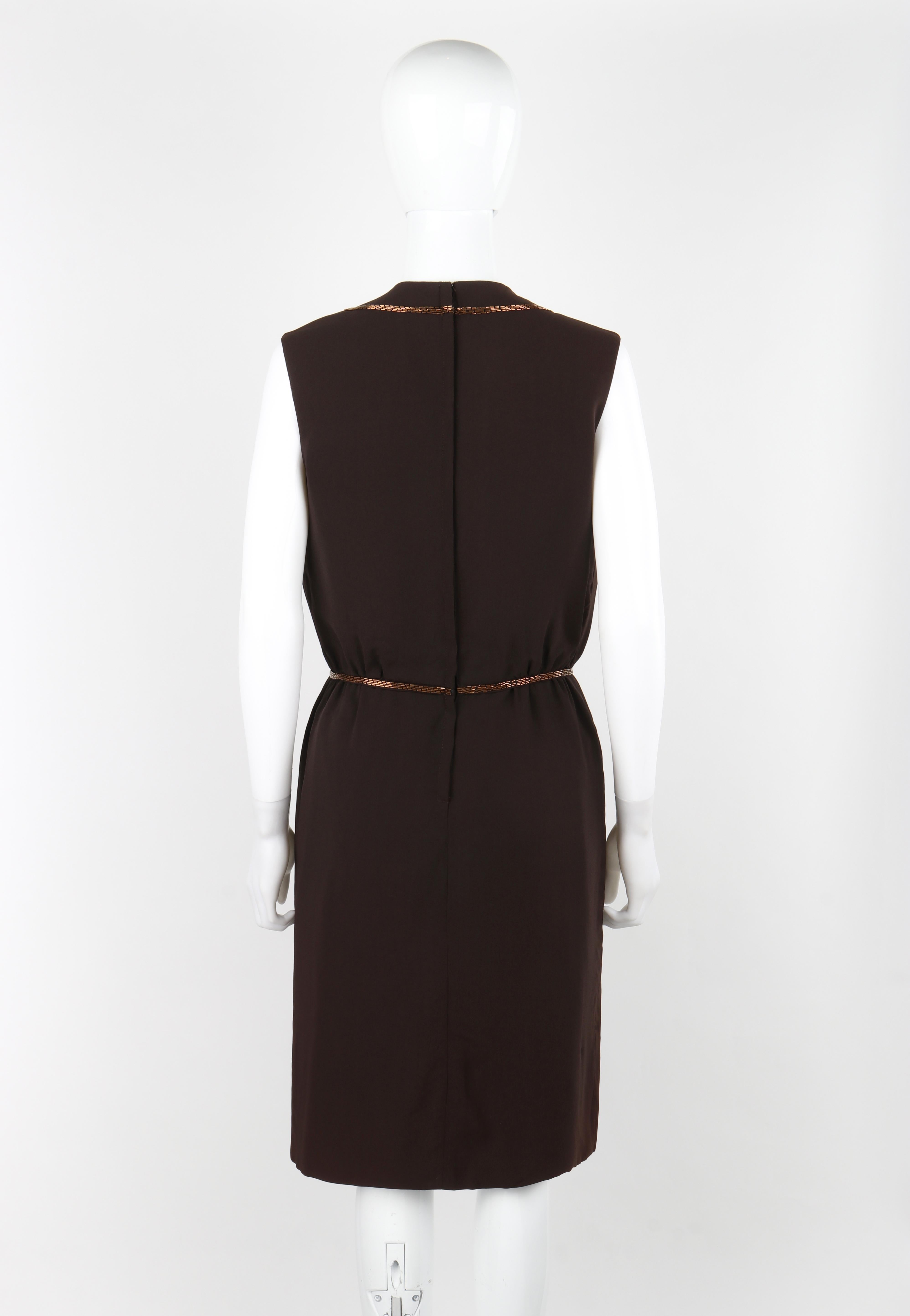 Women's ROBBIE BEE c.1940's Vtg Brown Copper Hand Beaded Accent Trompe-L'oeil Day Dress For Sale