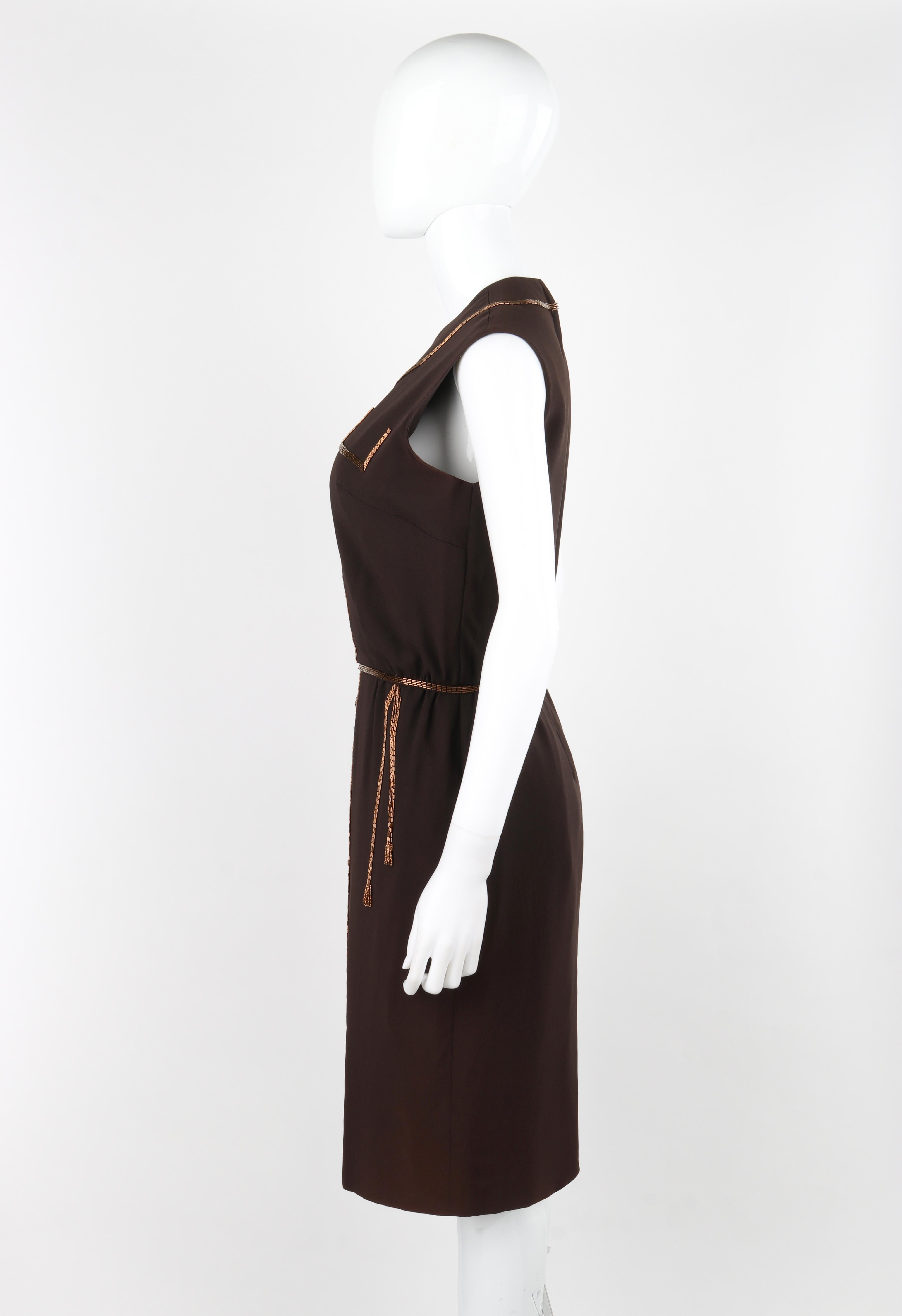 ROBBIE BEE c.1940's Vtg Brown Copper Hand Beaded Accent Trompe-L'oeil Day Dress For Sale 1