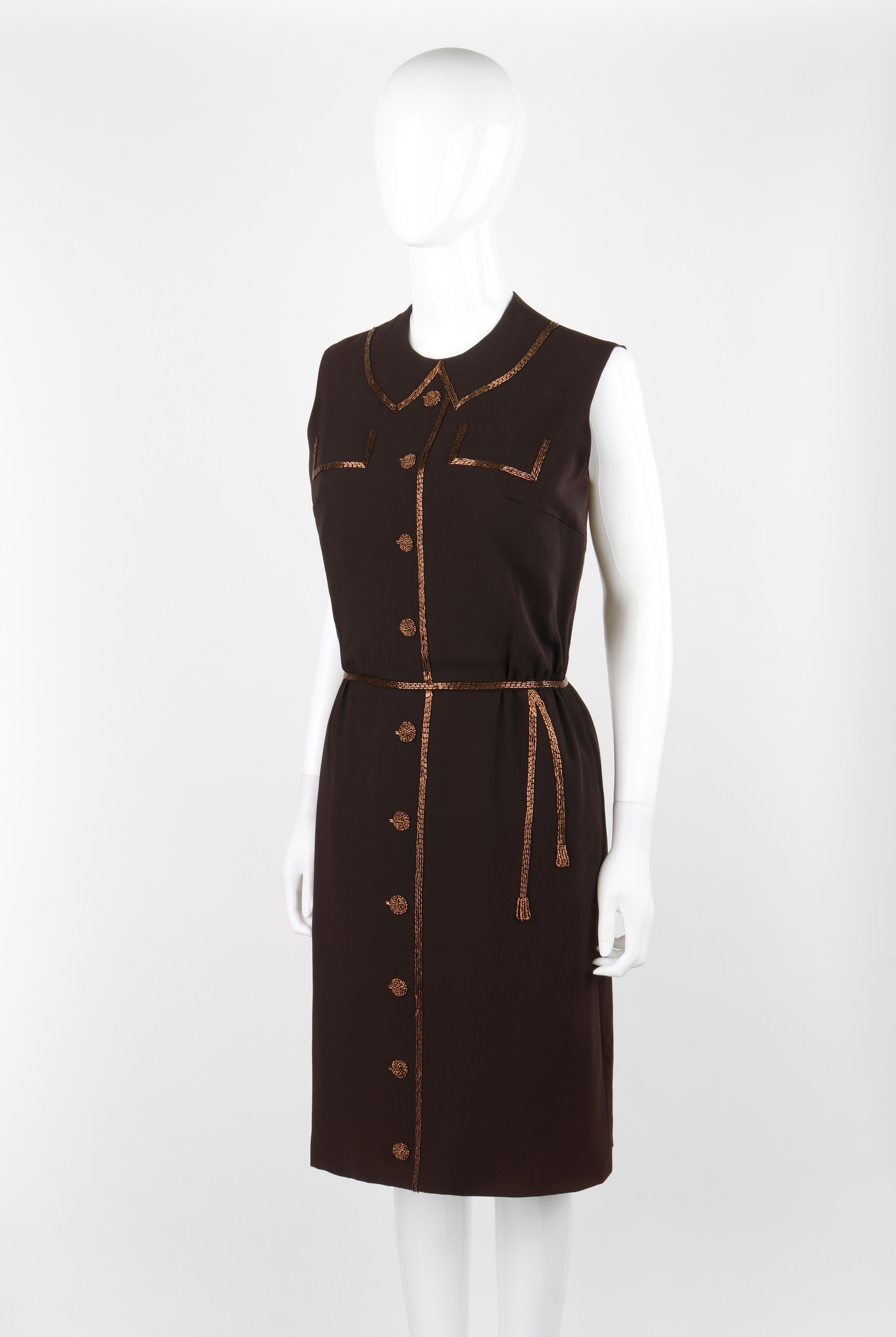 ROBBIE BEE c.1940's Vtg Brown Copper Hand Beaded Accent Trompe-L'oeil Day Dress For Sale 2